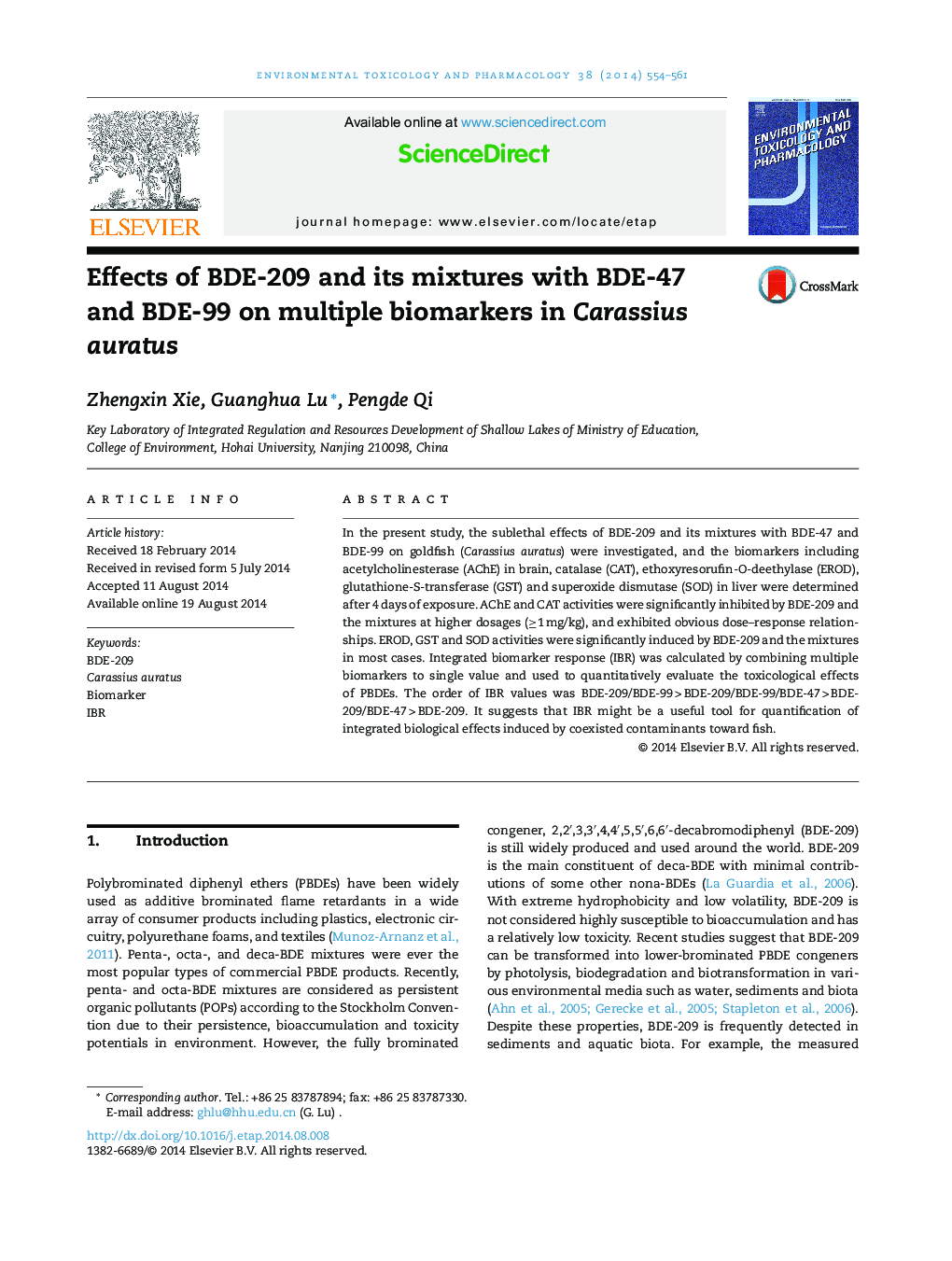 Effects of BDE-209 and its mixtures with BDE-47 and BDE-99 on multiple biomarkers in Carassius auratus