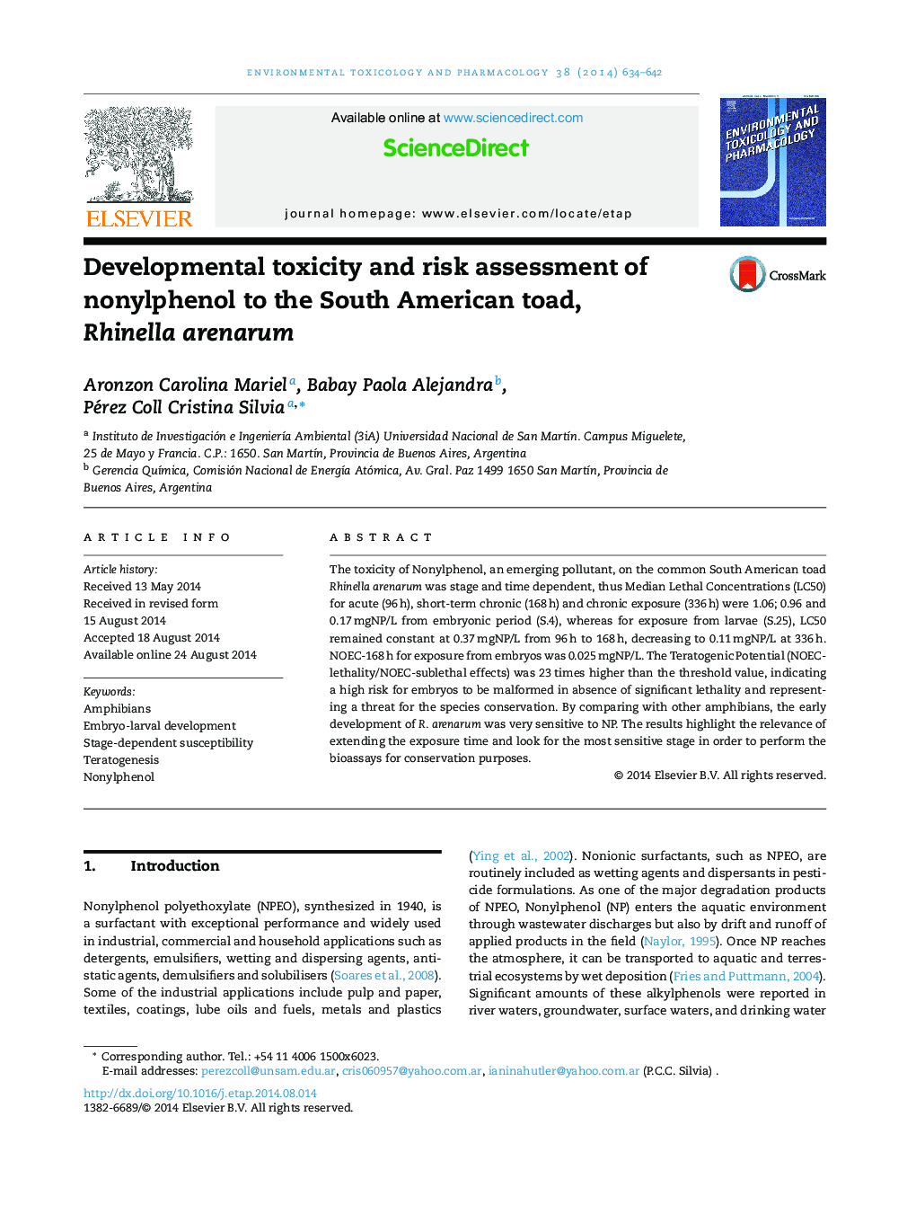 Developmental toxicity and risk assessment of nonylphenol to the South American toad, Rhinella arenarum