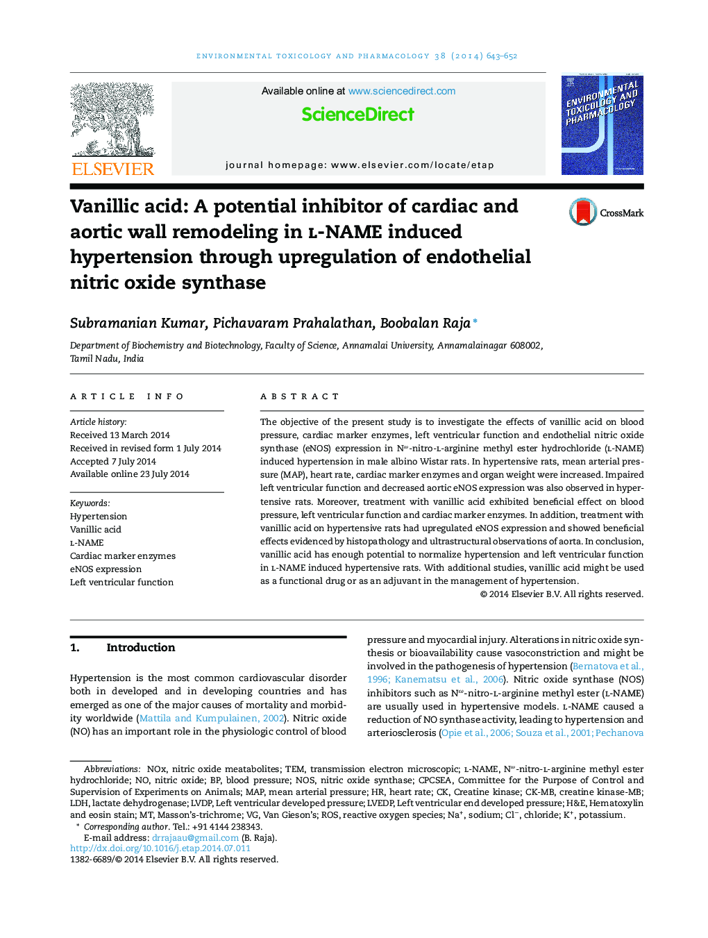 Vanillic acid: A potential inhibitor of cardiac and aortic wall remodeling in l-NAME induced hypertension through upregulation of endothelial nitric oxide synthase