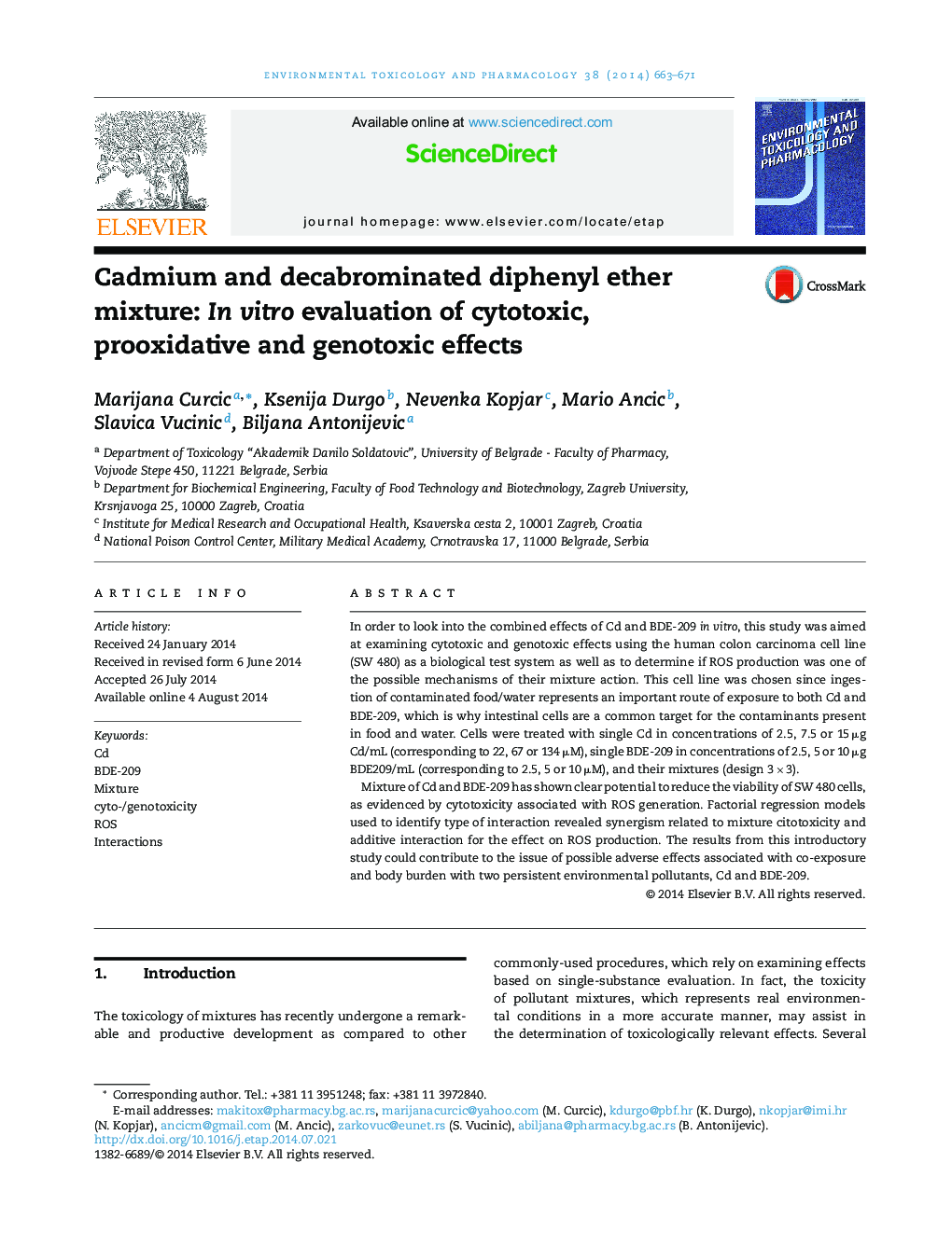 ترکیب کادمیوم و دکبروموتان دیفنیل اتر: ارزیابی اثرات سیتوتوکسیک، پروکسید کننده و ژنوتوکسیک 