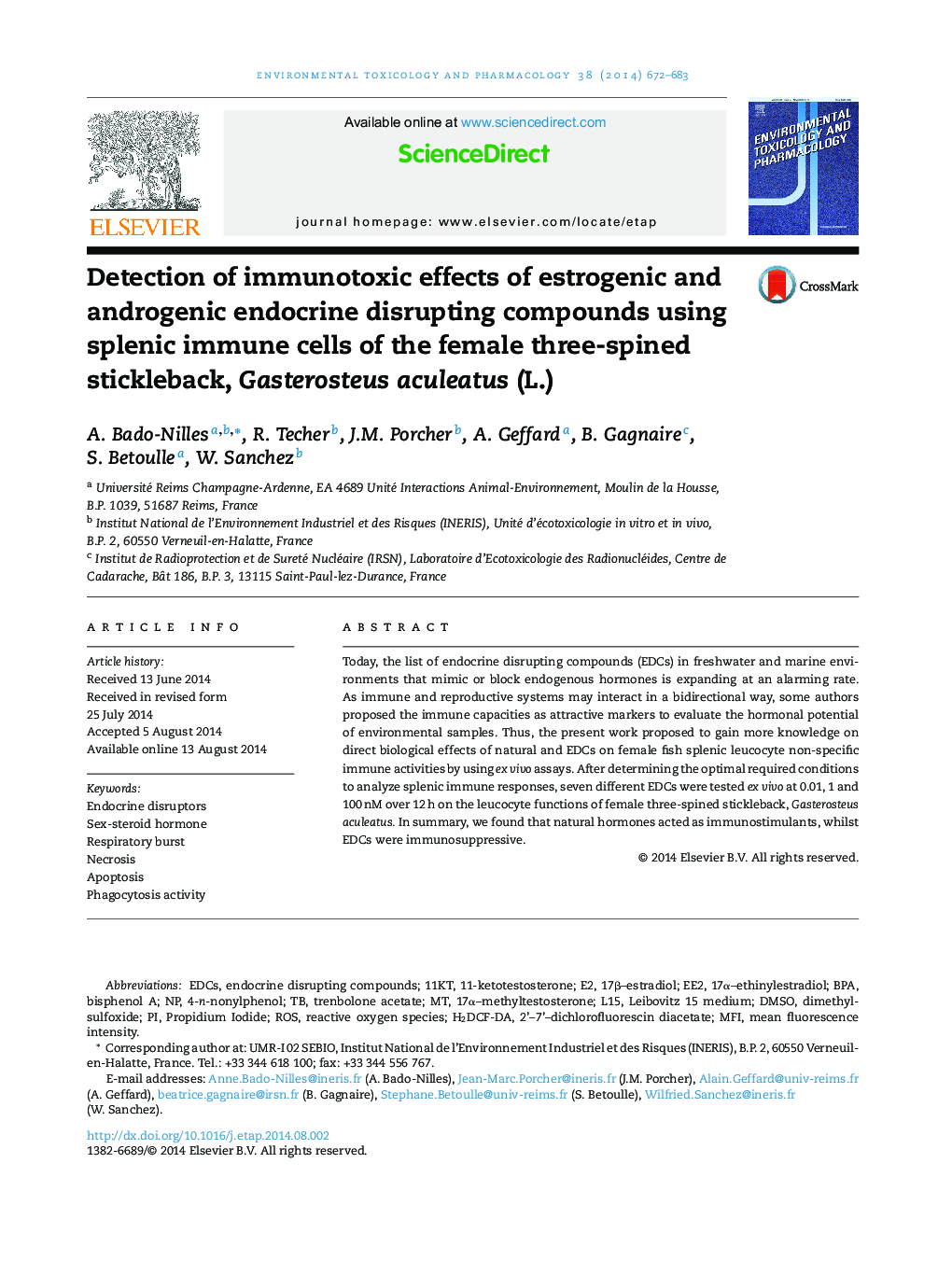 Detection of immunotoxic effects of estrogenic and androgenic endocrine disrupting compounds using splenic immune cells of the female three-spined stickleback, Gasterosteus aculeatus (L.)
