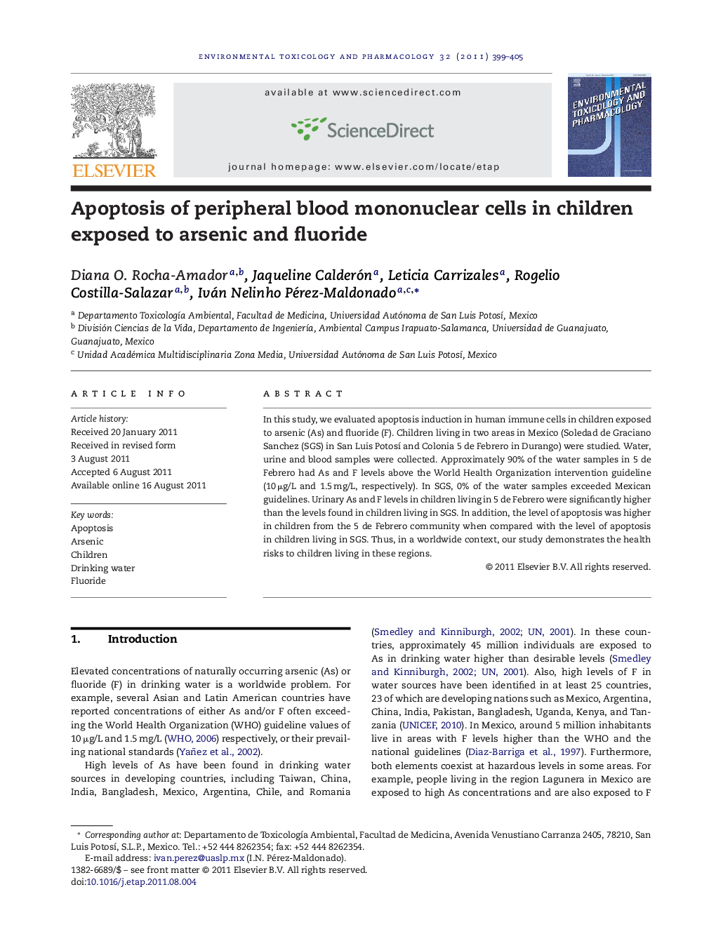 Apoptosis of peripheral blood mononuclear cells in children exposed to arsenic and fluoride