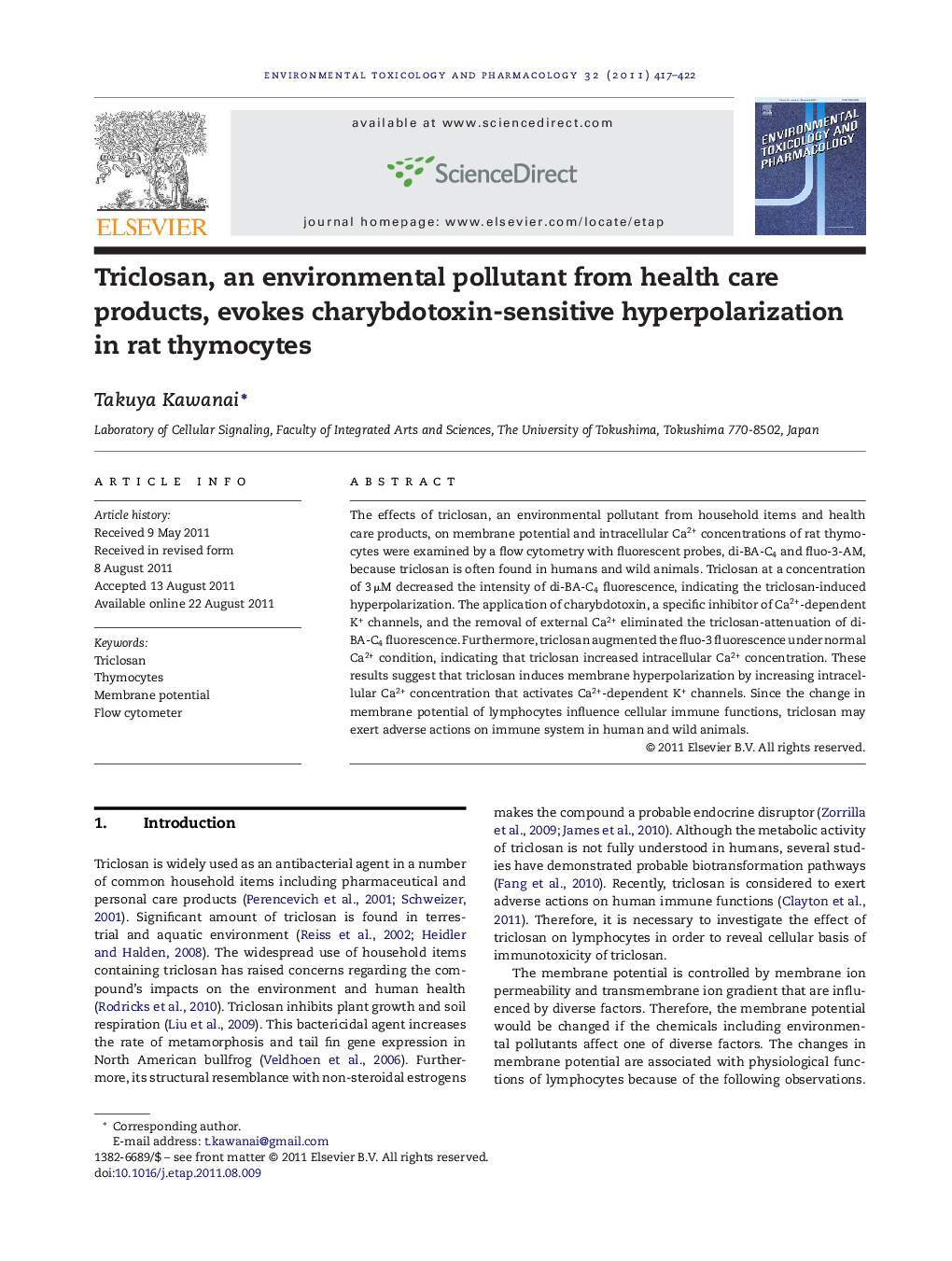 Triclosan, an environmental pollutant from health care products, evokes charybdotoxin-sensitive hyperpolarization in rat thymocytes