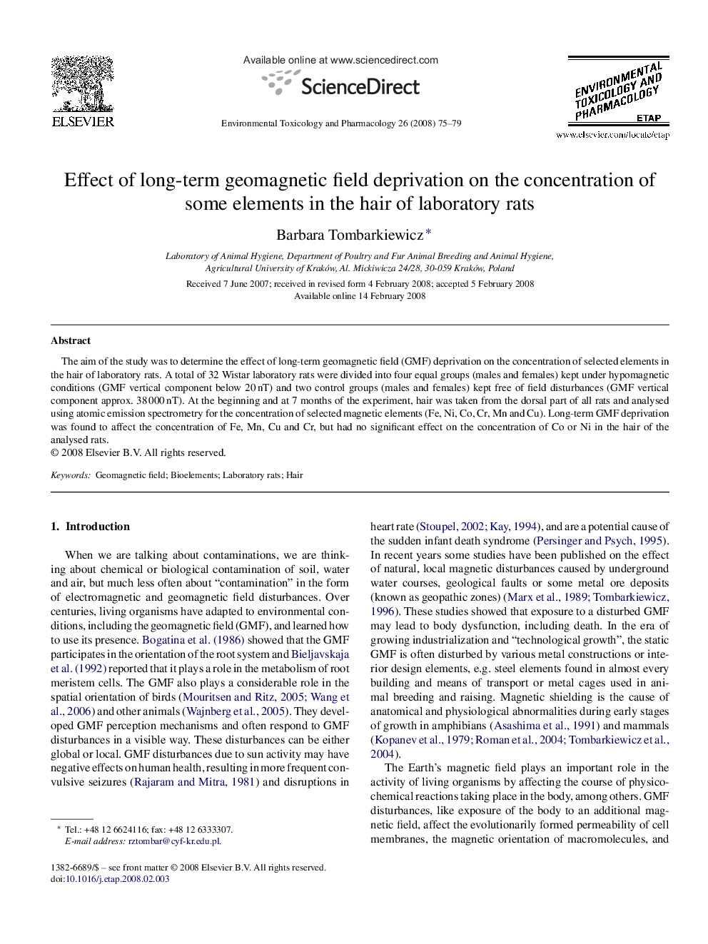 Effect of long-term geomagnetic field deprivation on the concentration of some elements in the hair of laboratory rats