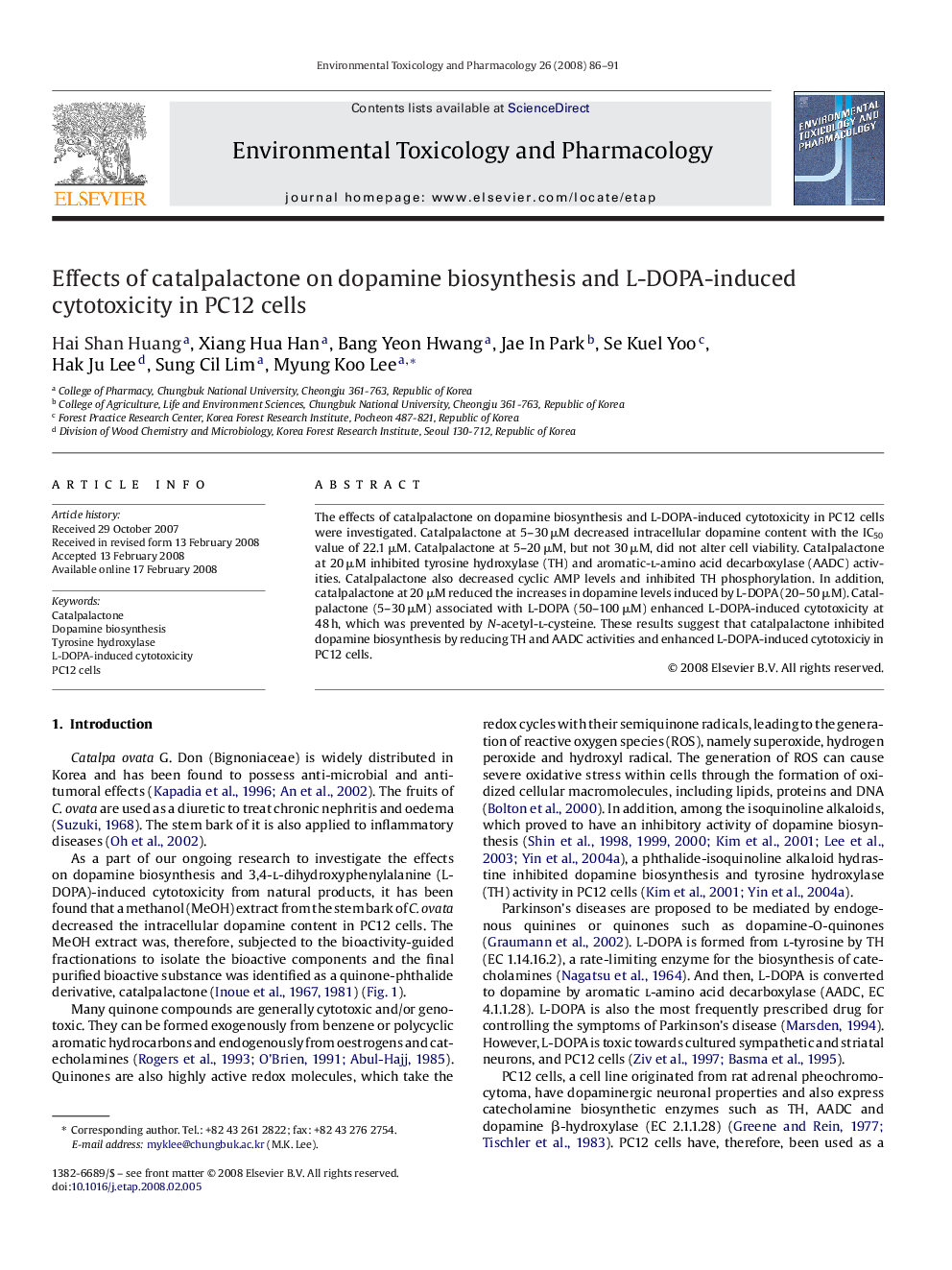 Effects of catalpalactone on dopamine biosynthesis and L-DOPA-induced cytotoxicity in PC12 cells