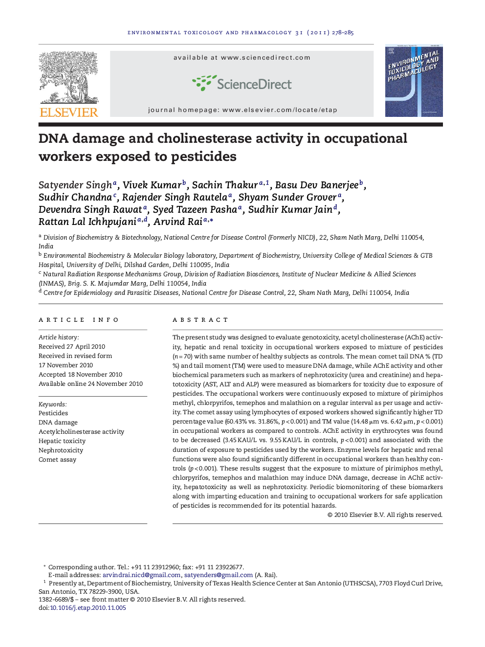 DNA damage and cholinesterase activity in occupational workers exposed to pesticides