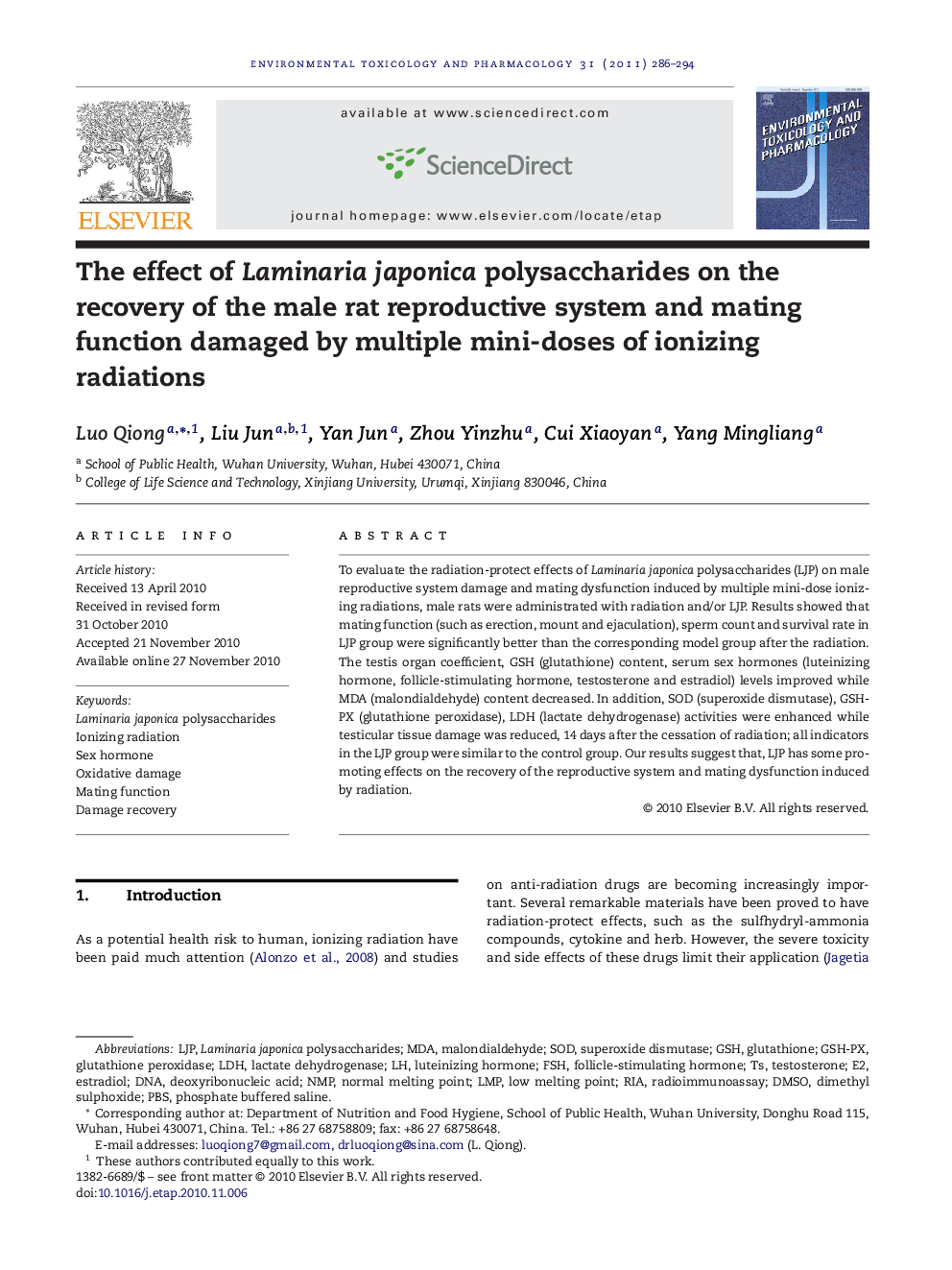 عکس صفحه اول مقاله: The effect of Laminaria japonica polysaccharides on the recovery of the male rat reproductive system and mating function damaged by multiple mini-doses of ionizing radiations The effect of Laminaria japonica polysaccharides on the recovery of the male rat reproductive system and mating function damaged by multiple mini-doses of ionizing radiations