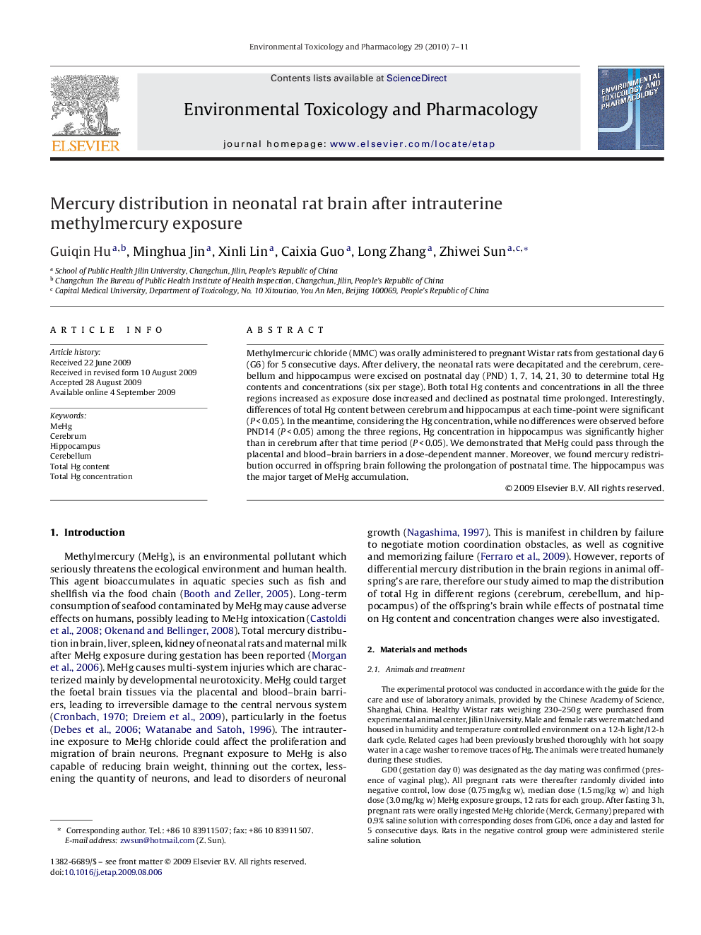 Mercury distribution in neonatal rat brain after intrauterine methylmercury exposure