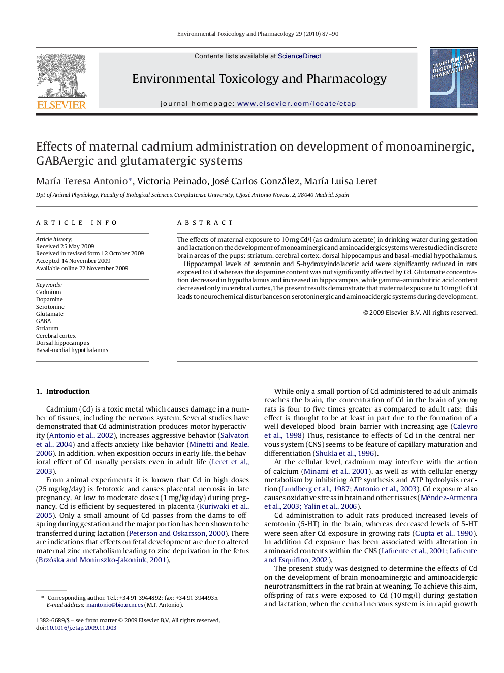 Effects of maternal cadmium administration on development of monoaminergic, GABAergic and glutamatergic systems