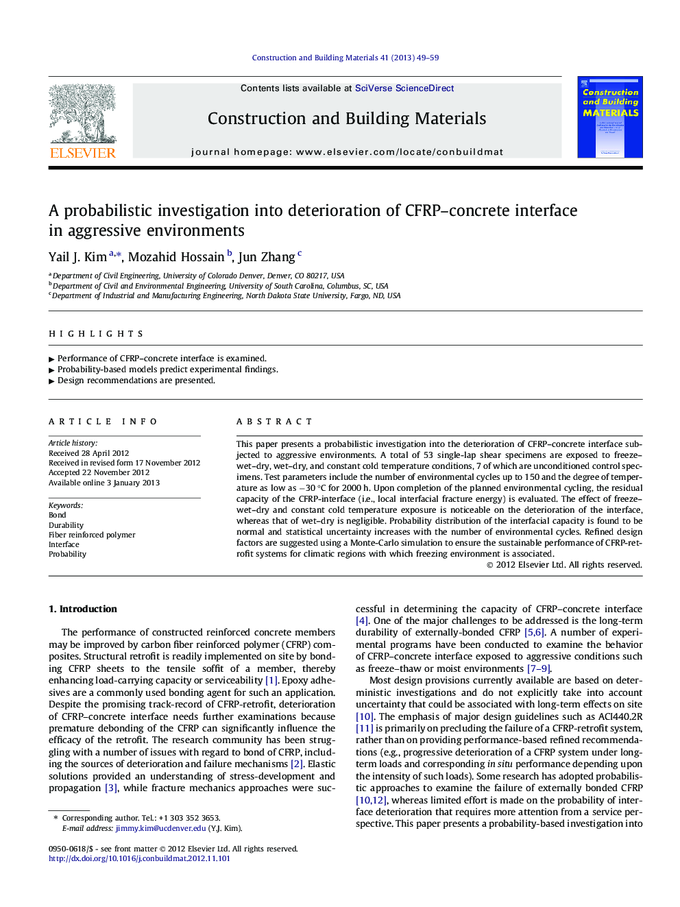 A probabilistic investigation into deterioration of CFRP–concrete interface in aggressive environments