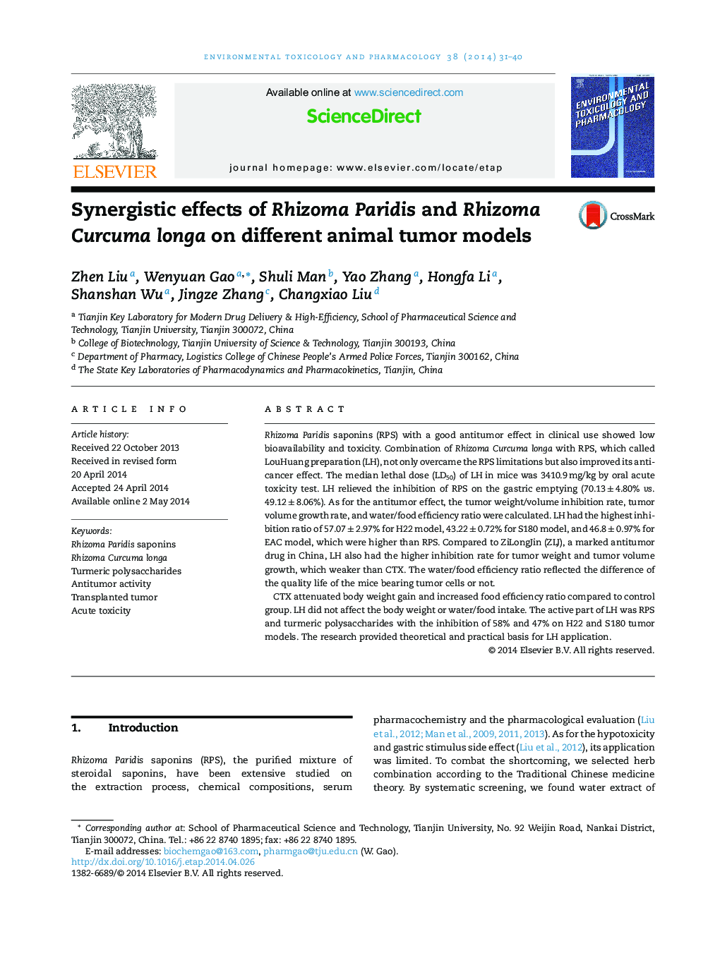 Synergistic effects of Rhizoma Paridis and Rhizoma Curcuma longa on different animal tumor models