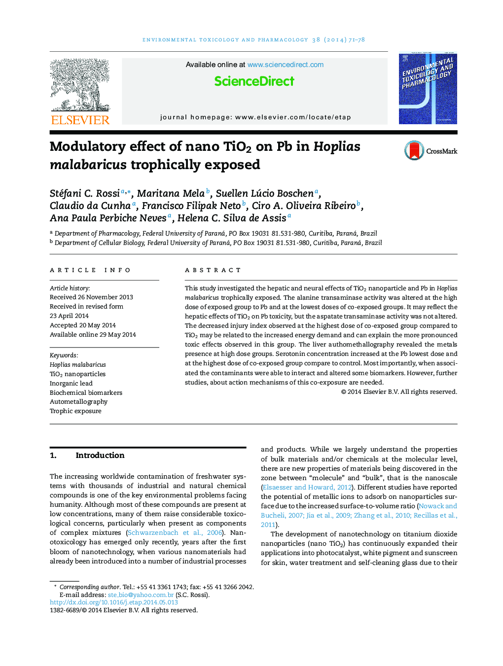 Modulatory effect of nano TiO2 on Pb in Hoplias malabaricus trophically exposed