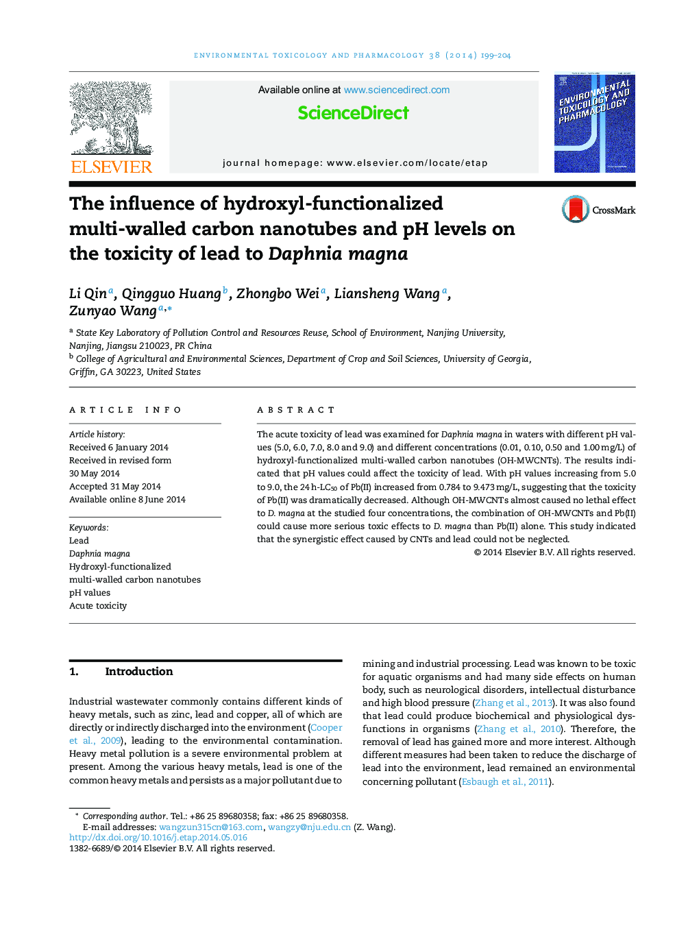 The influence of hydroxyl-functionalized multi-walled carbon nanotubes and pH levels on the toxicity of lead to Daphnia magna