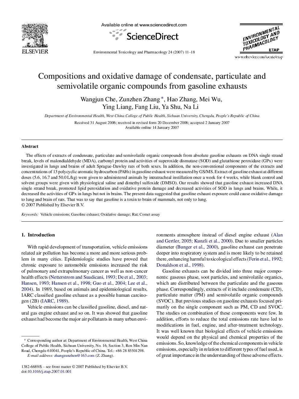 Compositions and oxidative damage of condensate, particulate and semivolatile organic compounds from gasoline exhausts