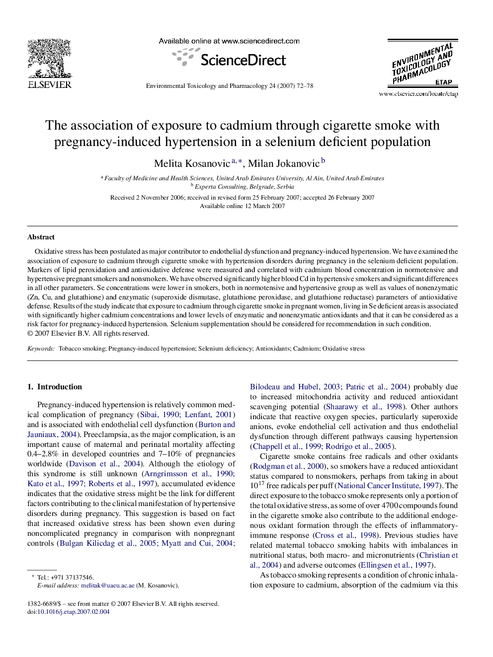 The association of exposure to cadmium through cigarette smoke with pregnancy-induced hypertension in a selenium deficient population