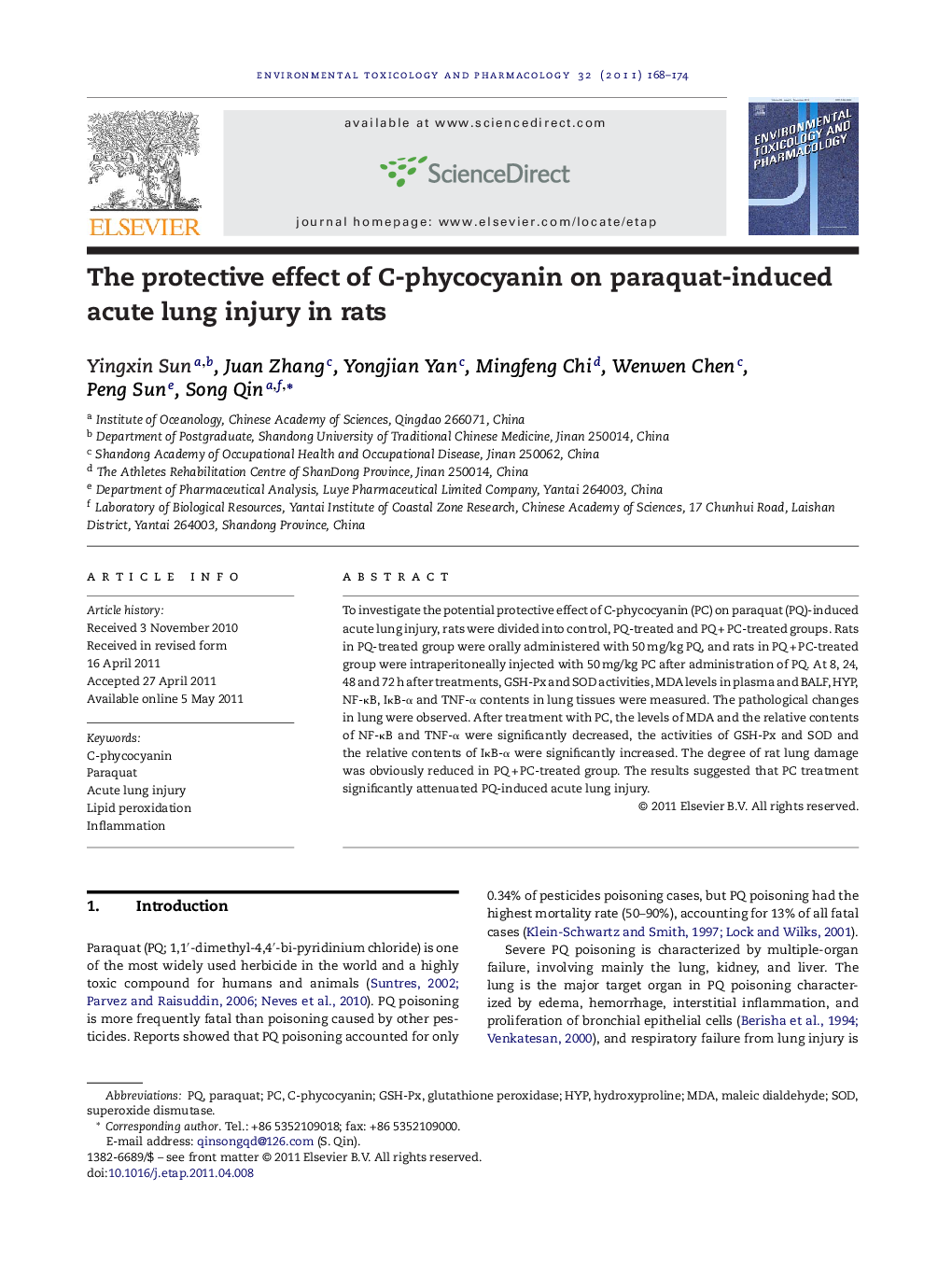 The protective effect of C-phycocyanin on paraquat-induced acute lung injury in rats