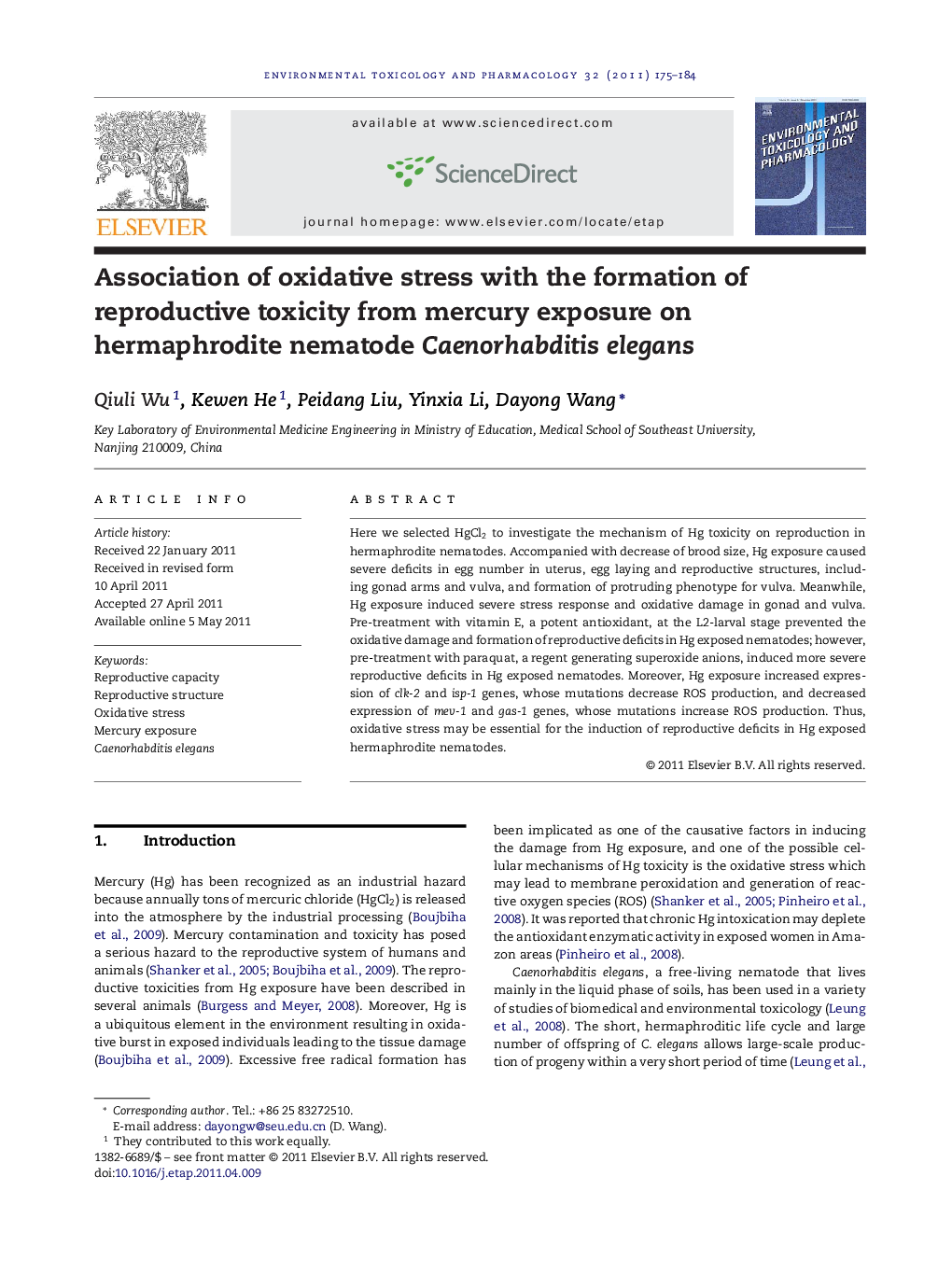 Association of oxidative stress with the formation of reproductive toxicity from mercury exposure on hermaphrodite nematode Caenorhabditis elegans