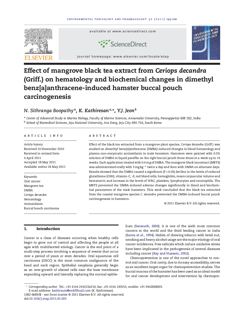 Effect of mangrove black tea extract from Ceriops decandra (Griff.) on hematology and biochemical changes in dimethyl benz[a]anthracene-induced hamster buccal pouch carcinogenesis