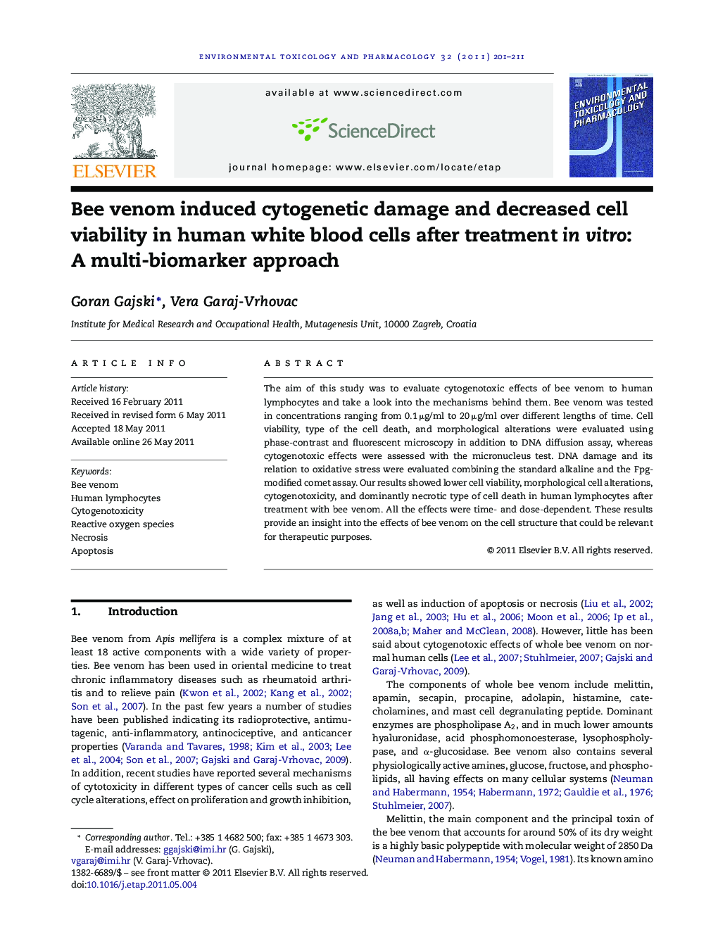 Bee venom induced cytogenetic damage and decreased cell viability in human white blood cells after treatment in vitro: A multi-biomarker approach