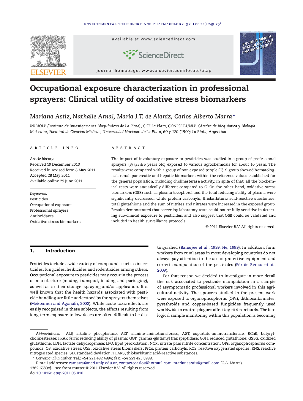 Occupational exposure characterization in professional sprayers: Clinical utility of oxidative stress biomarkers