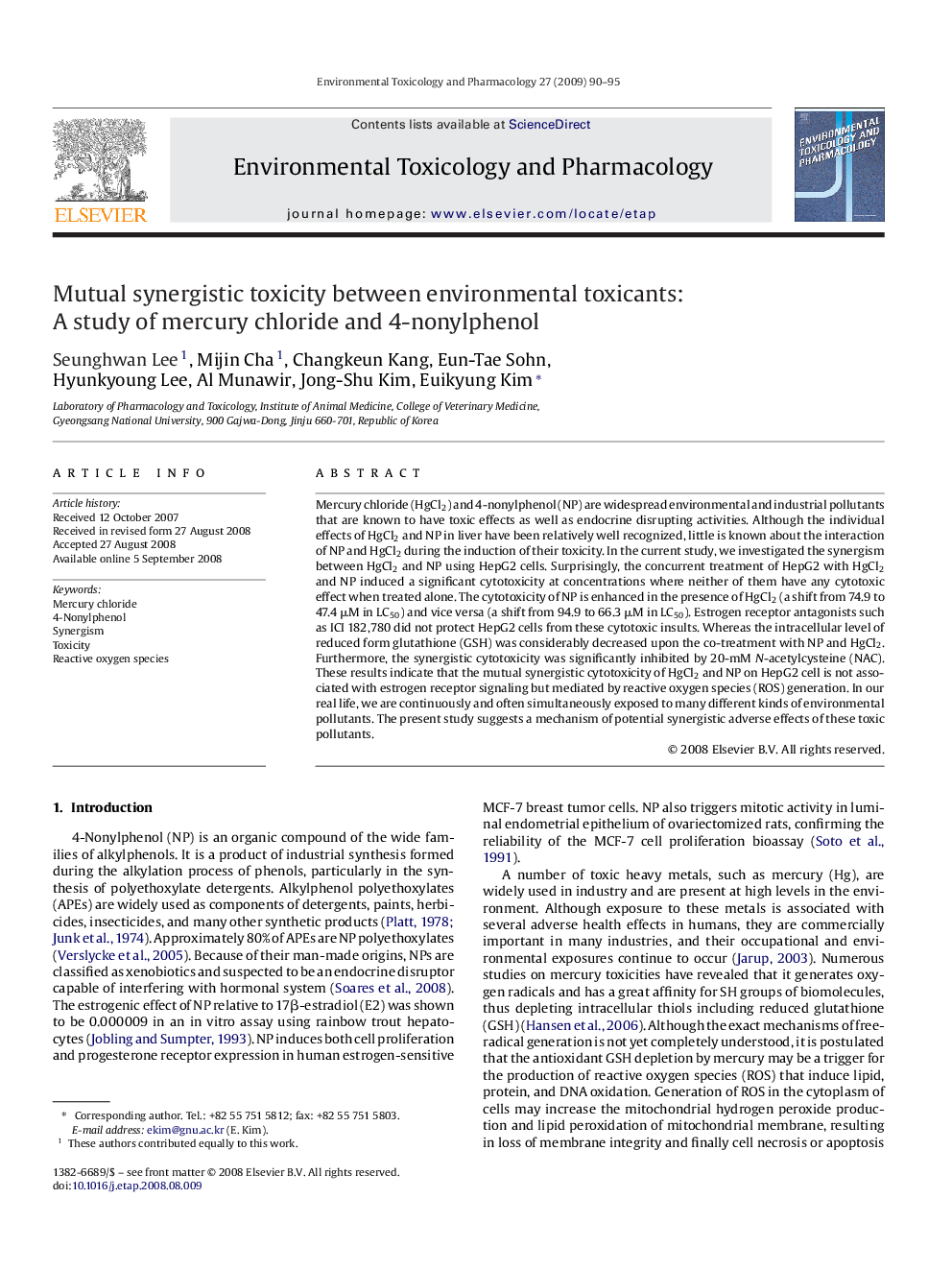 Mutual synergistic toxicity between environmental toxicants: A study of mercury chloride and 4-nonylphenol