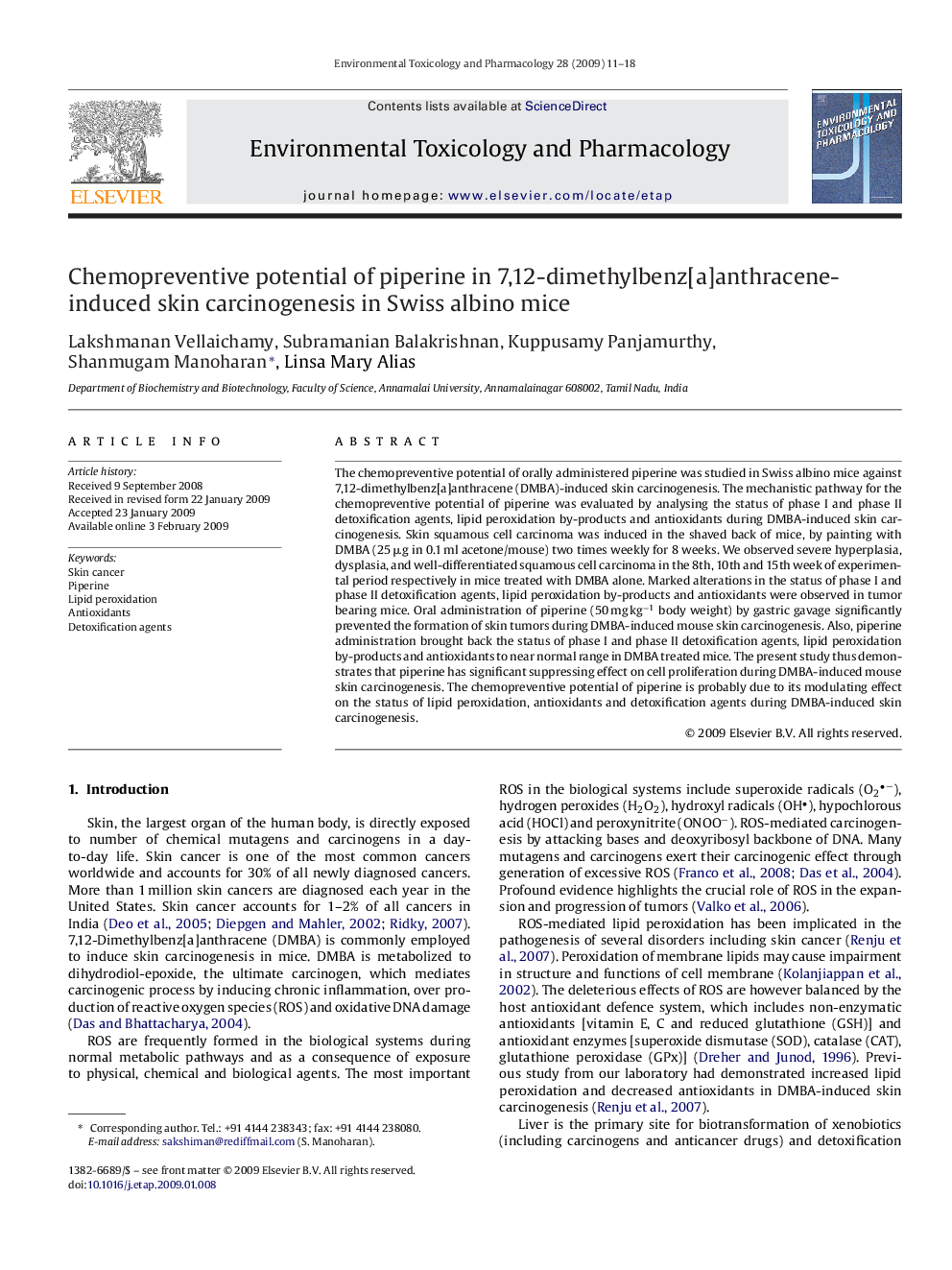 Chemopreventive potential of piperine in 7,12-dimethylbenz[a]anthracene-induced skin carcinogenesis in Swiss albino mice
