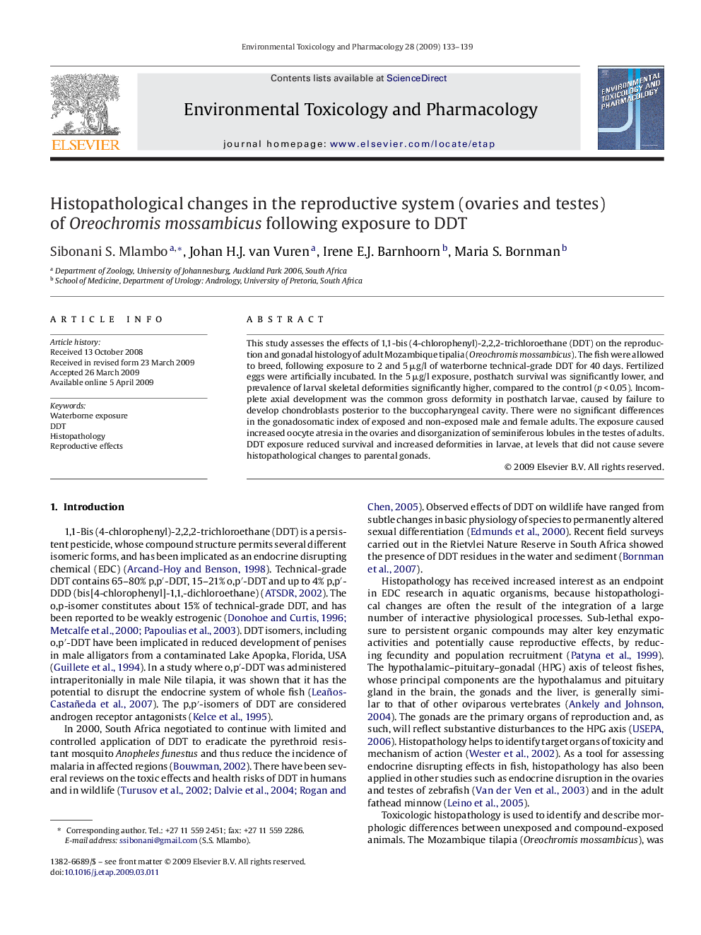 Histopathological changes in the reproductive system (ovaries and testes) of Oreochromis mossambicus following exposure to DDT