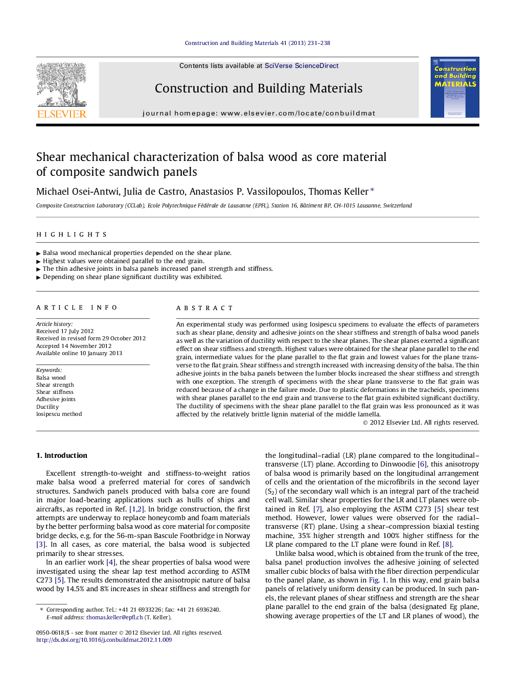 Shear mechanical characterization of balsa wood as core material of composite sandwich panels