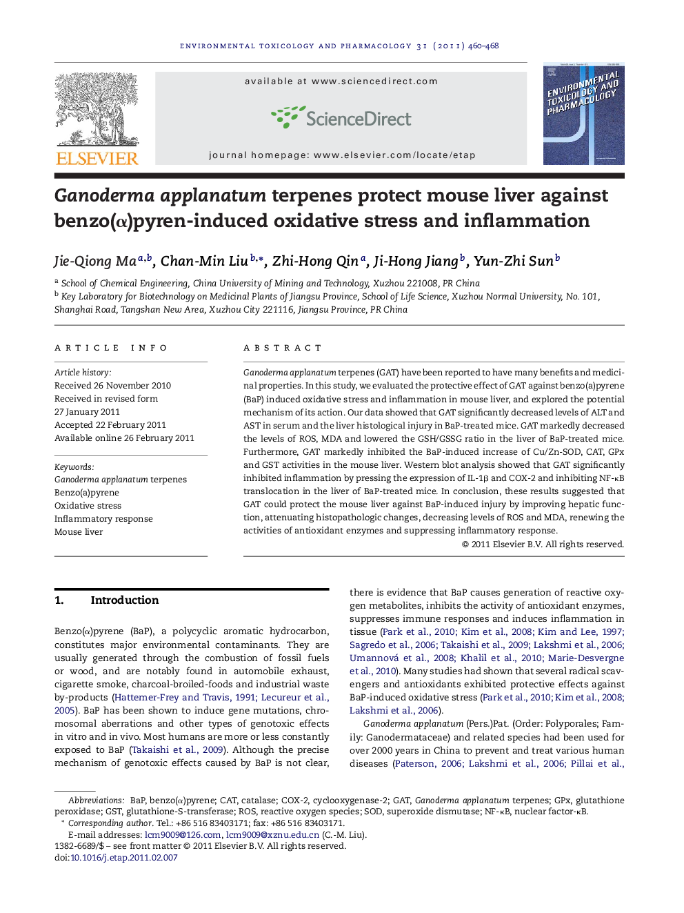 Ganoderma applanatum terpenes protect mouse liver against benzo(α)pyren-induced oxidative stress and inflammation