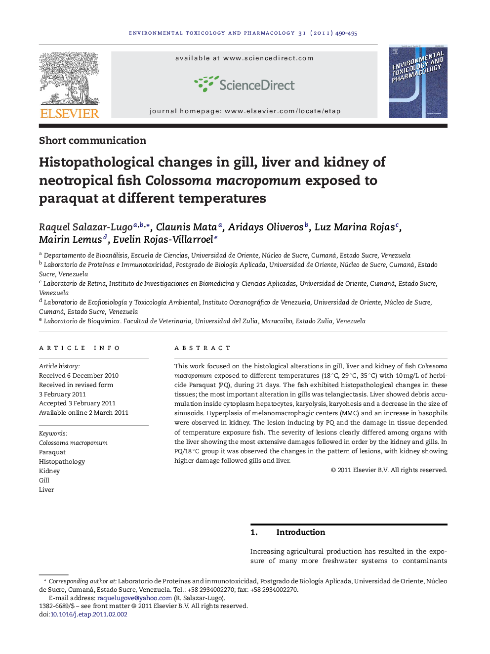 Histopathological changes in gill, liver and kidney of neotropical fish Colossoma macropomum exposed to paraquat at different temperatures