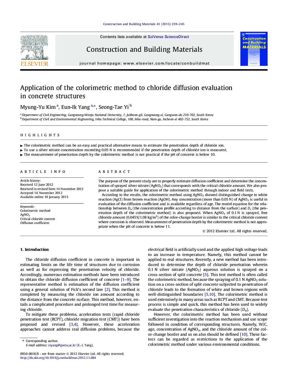 Application of the colorimetric method to chloride diffusion evaluation in concrete structures