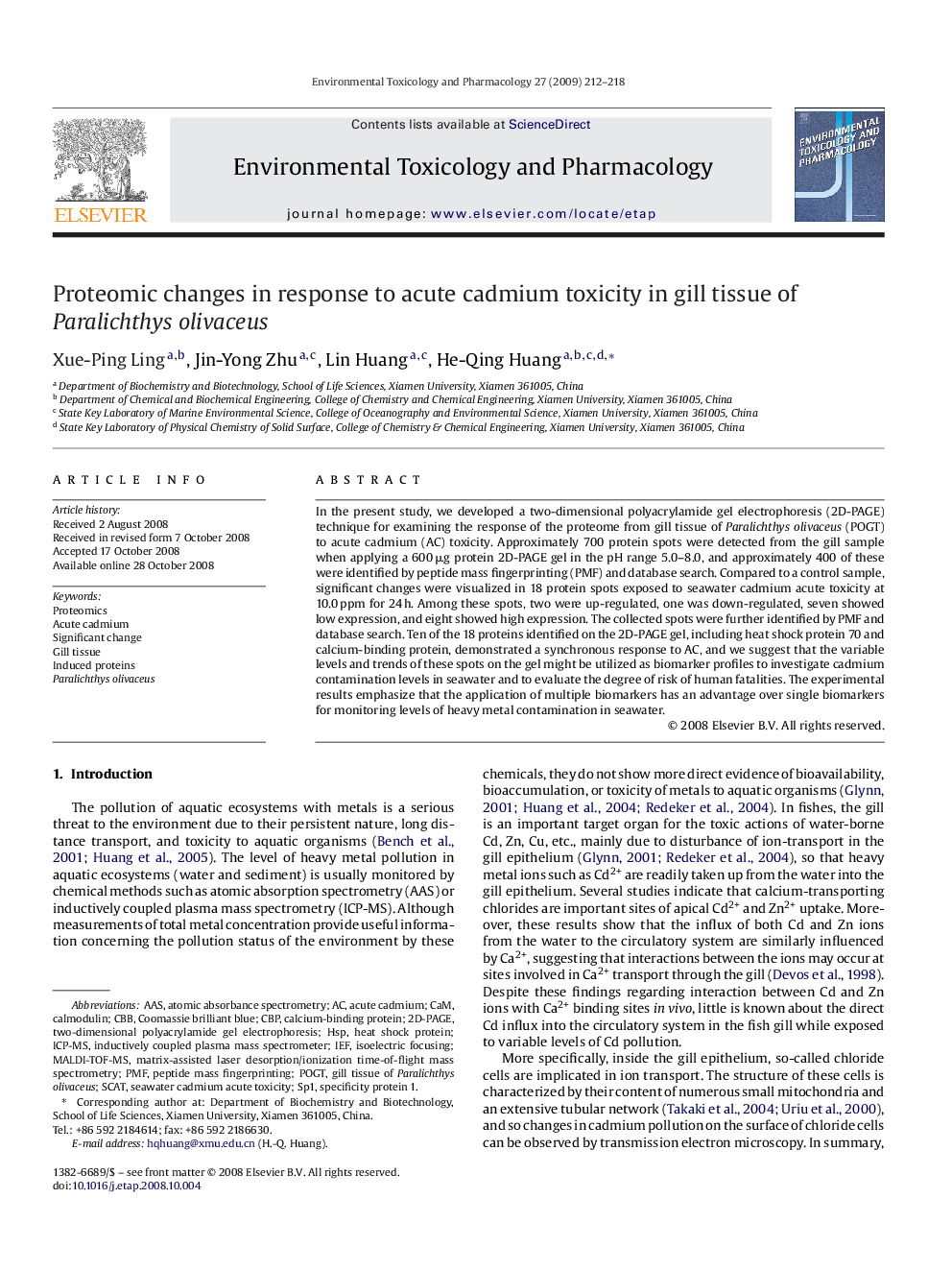 Proteomic changes in response to acute cadmium toxicity in gill tissue of Paralichthys olivaceus