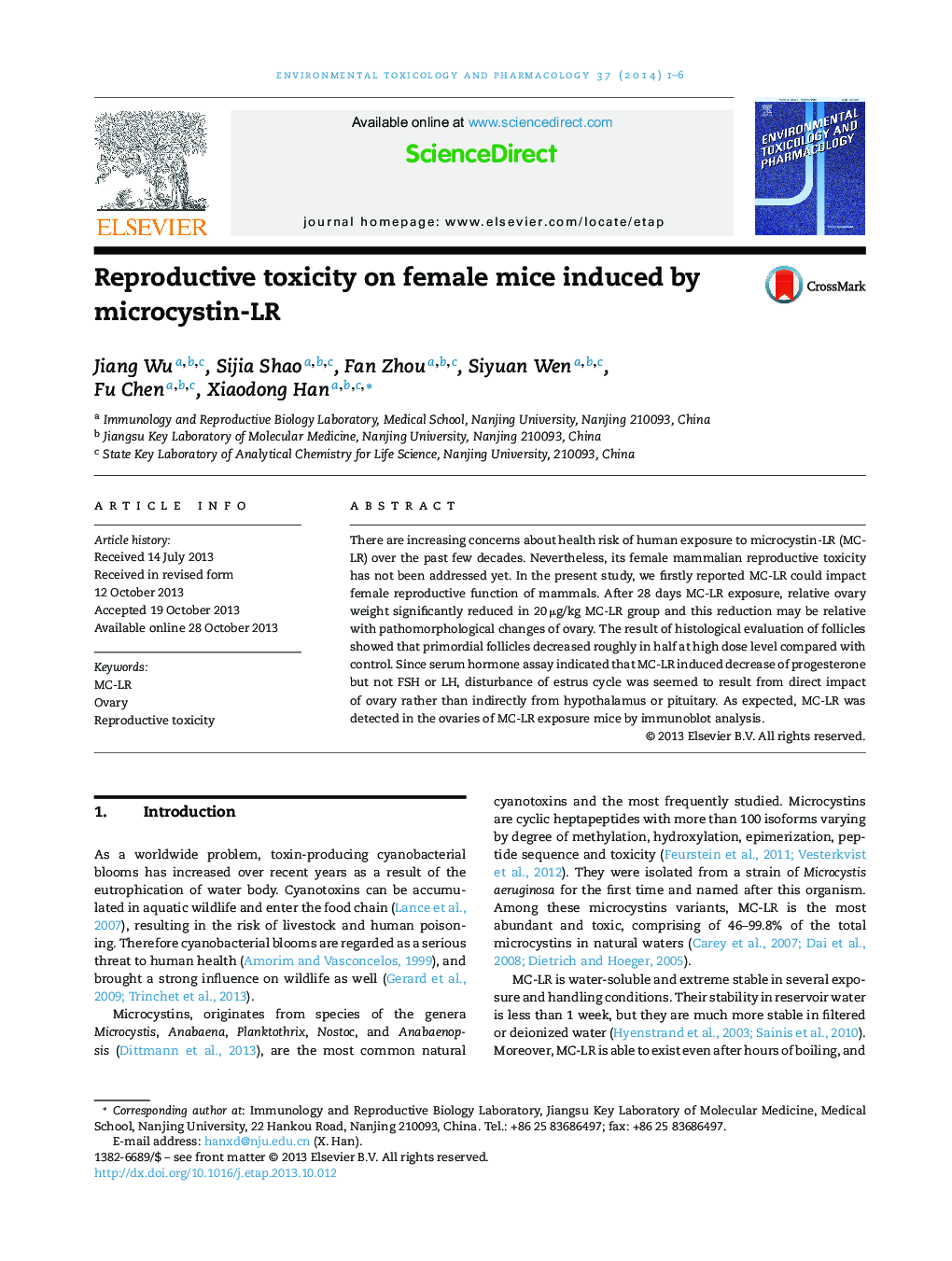 Reproductive toxicity on female mice induced by microcystin-LR