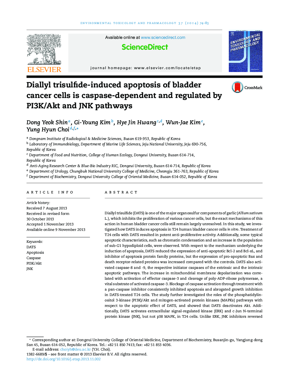 Diallyl trisulfide-induced apoptosis of bladder cancer cells is caspase-dependent and regulated by PI3K/Akt and JNK pathways