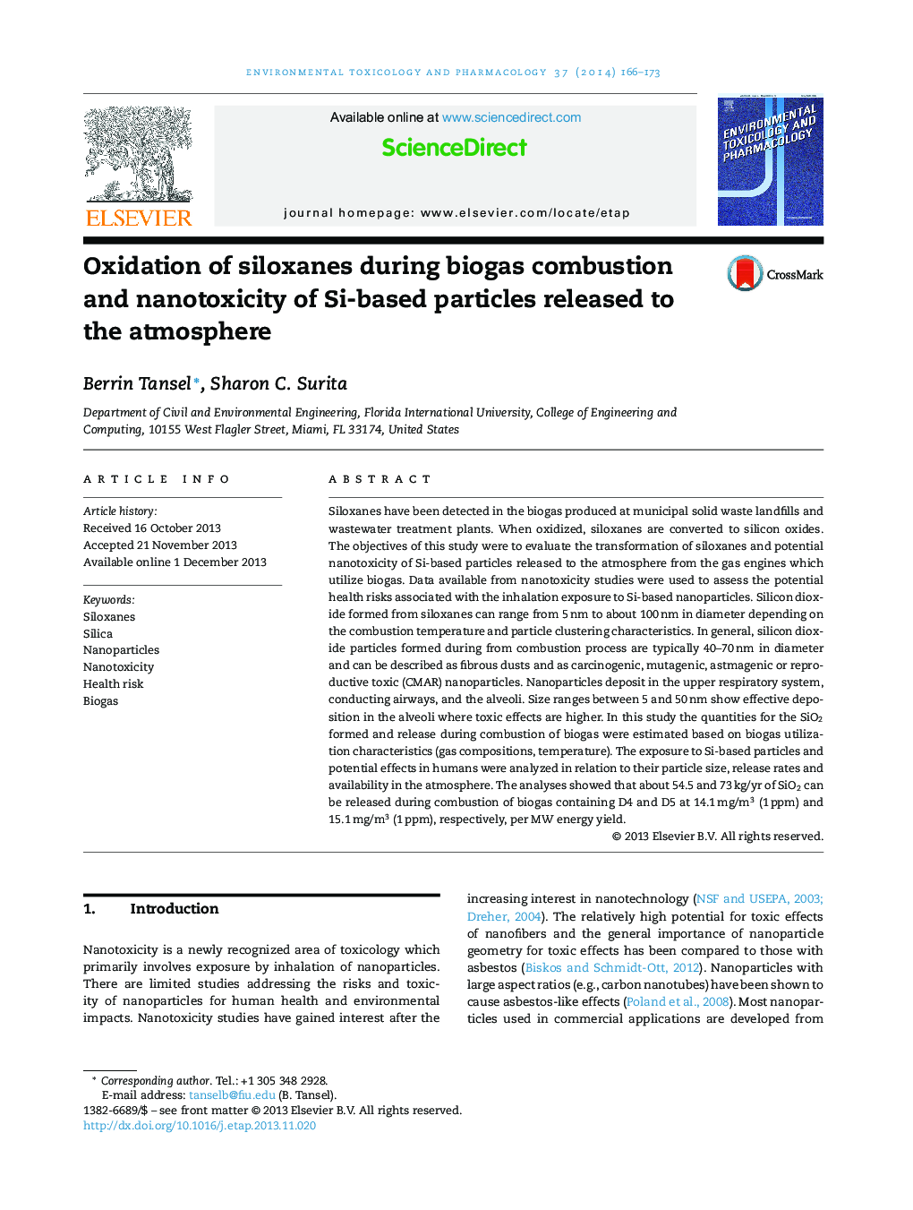 Oxidation of siloxanes during biogas combustion and nanotoxicity of Si-based particles released to the atmosphere