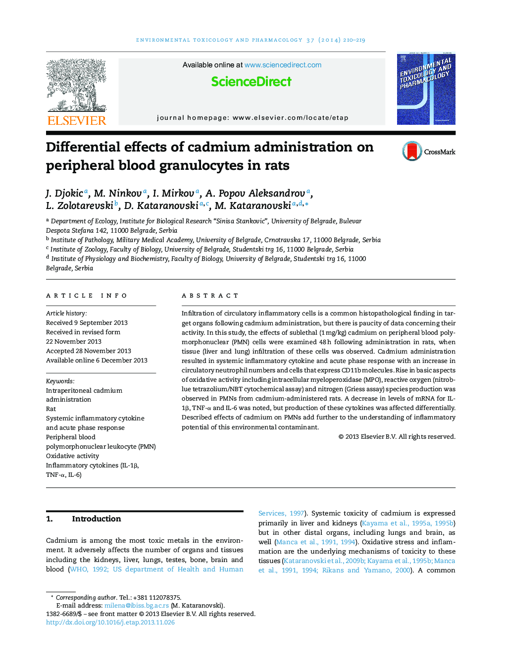 Differential effects of cadmium administration on peripheral blood granulocytes in rats