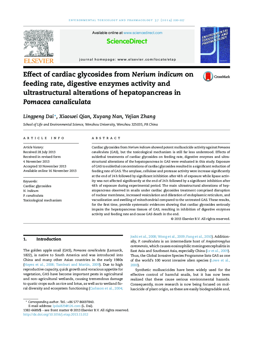 Effect of cardiac glycosides from Nerium indicum on feeding rate, digestive enzymes activity and ultrastructural alterations of hepatopancreas in Pomacea canaliculata