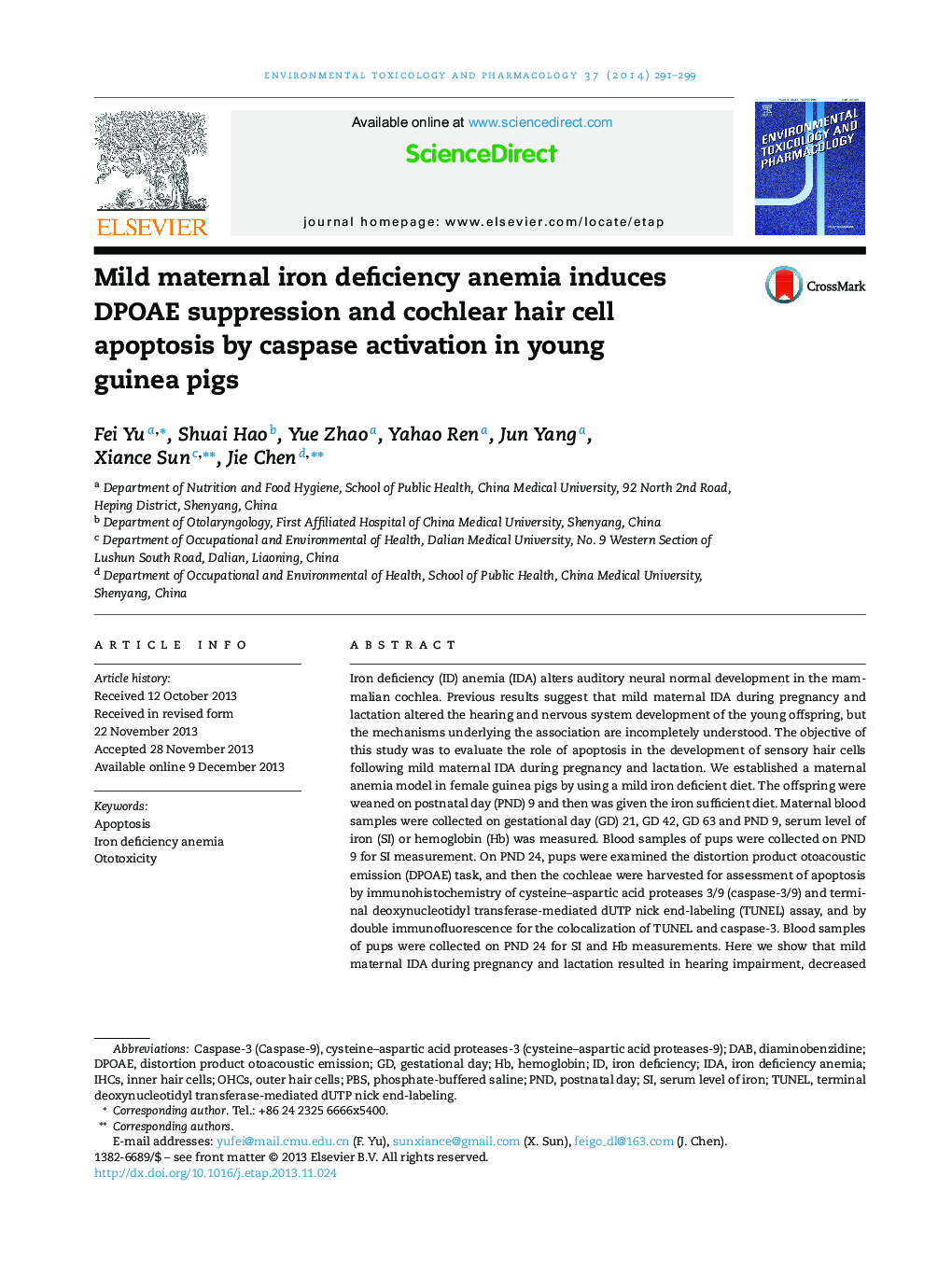 Mild maternal iron deficiency anemia induces DPOAE suppression and cochlear hair cell apoptosis by caspase activation in young guinea pigs