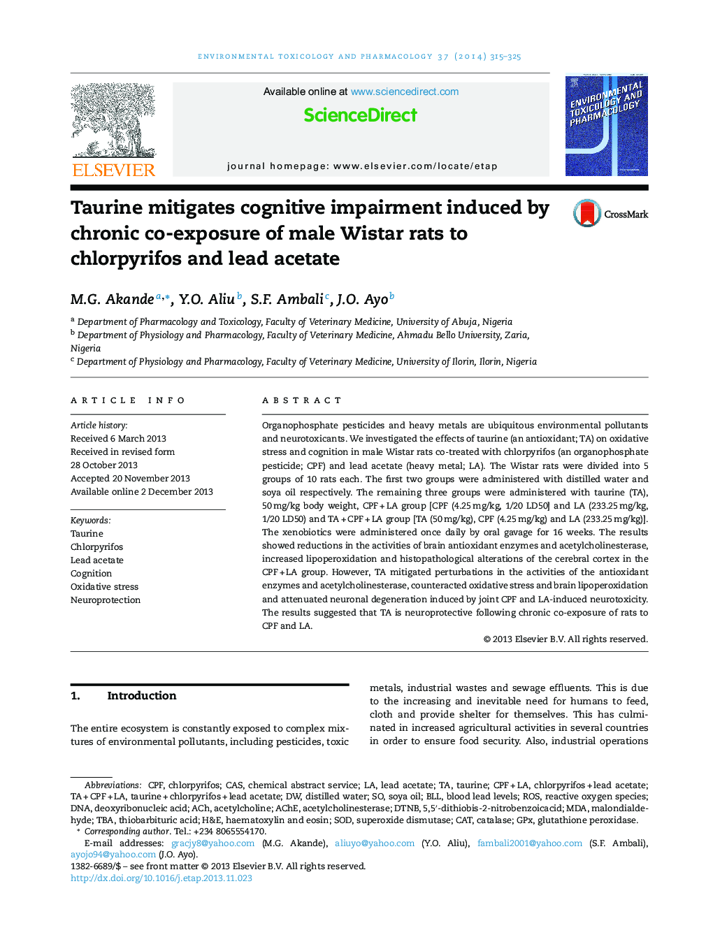 Taurine mitigates cognitive impairment induced by chronic co-exposure of male Wistar rats to chlorpyrifos and lead acetate