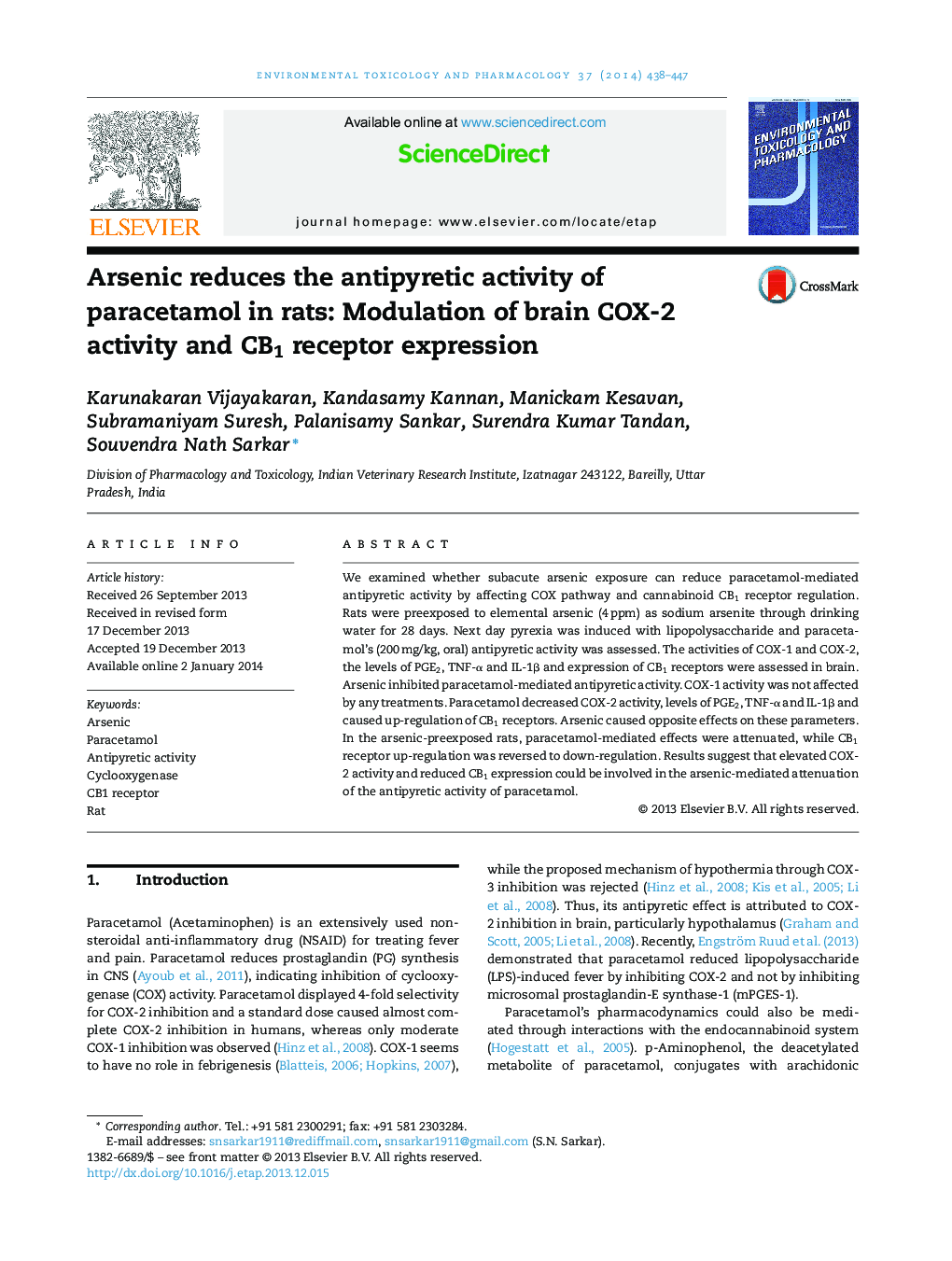 Arsenic reduces the antipyretic activity of paracetamol in rats: Modulation of brain COX-2 activity and CB1 receptor expression