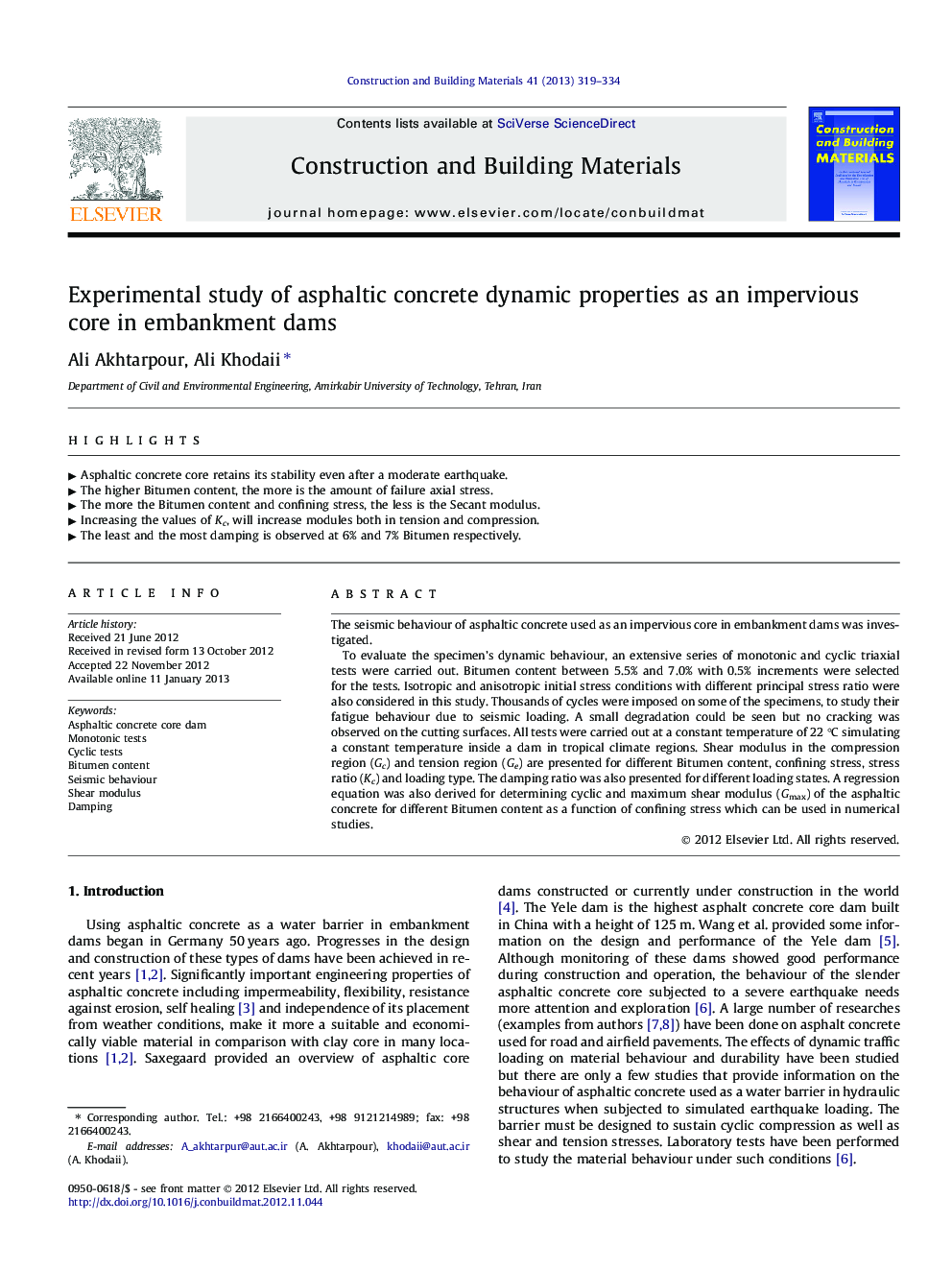 Experimental study of asphaltic concrete dynamic properties as an impervious core in embankment dams