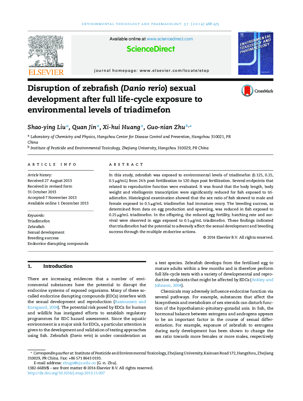 Disruption of zebrafish (Danio rerio) sexual development after full life-cycle exposure to environmental levels of triadimefon