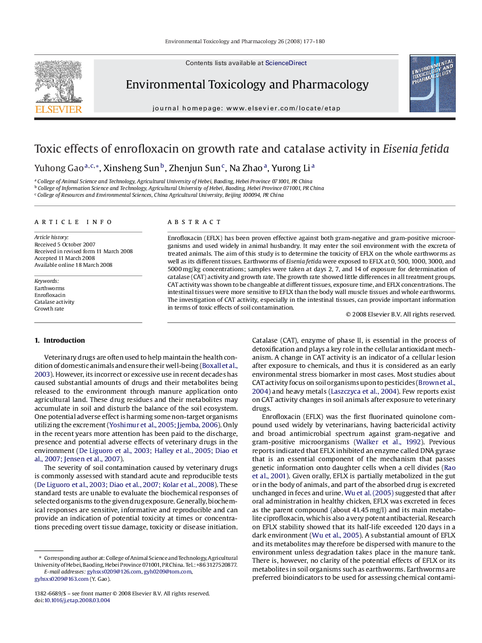 Toxic effects of enrofloxacin on growth rate and catalase activity in Eisenia fetida