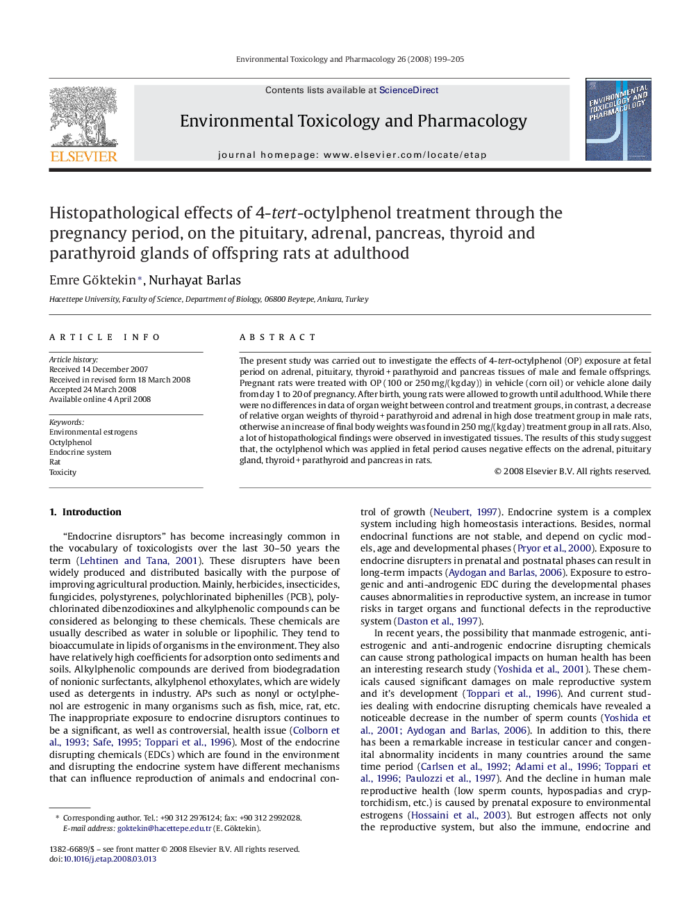 Histopathological effects of 4-tert-octylphenol treatment through the pregnancy period, on the pituitary, adrenal, pancreas, thyroid and parathyroid glands of offspring rats at adulthood