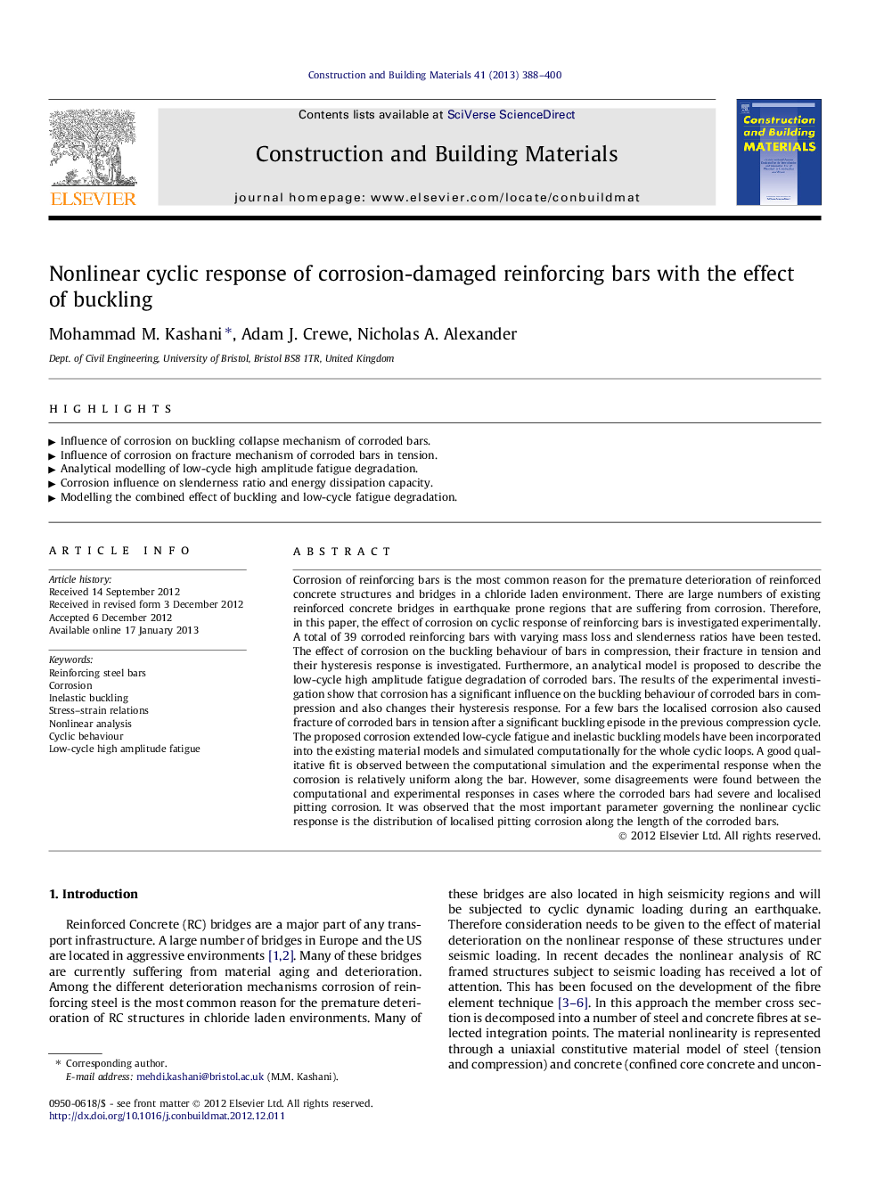 Nonlinear cyclic response of corrosion-damaged reinforcing bars with the effect of buckling