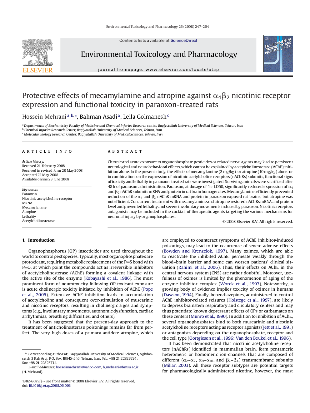 Protective effects of mecamylamine and atropine against α4β2 nicotinic receptor expression and functional toxicity in paraoxon-treated rats