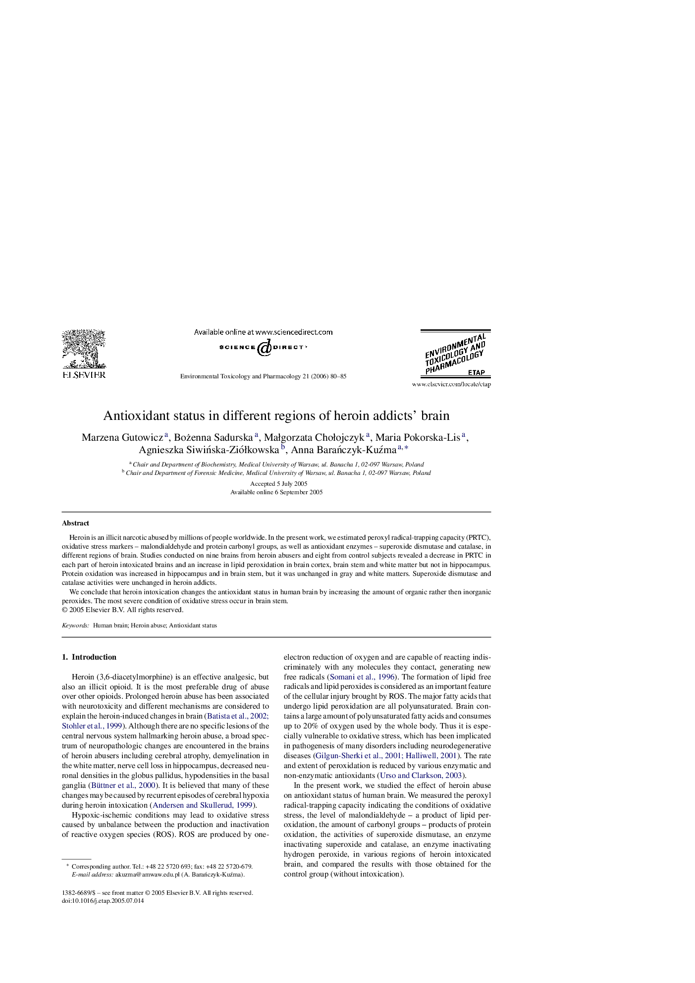 Antioxidant status in different regions of heroin addicts' brain