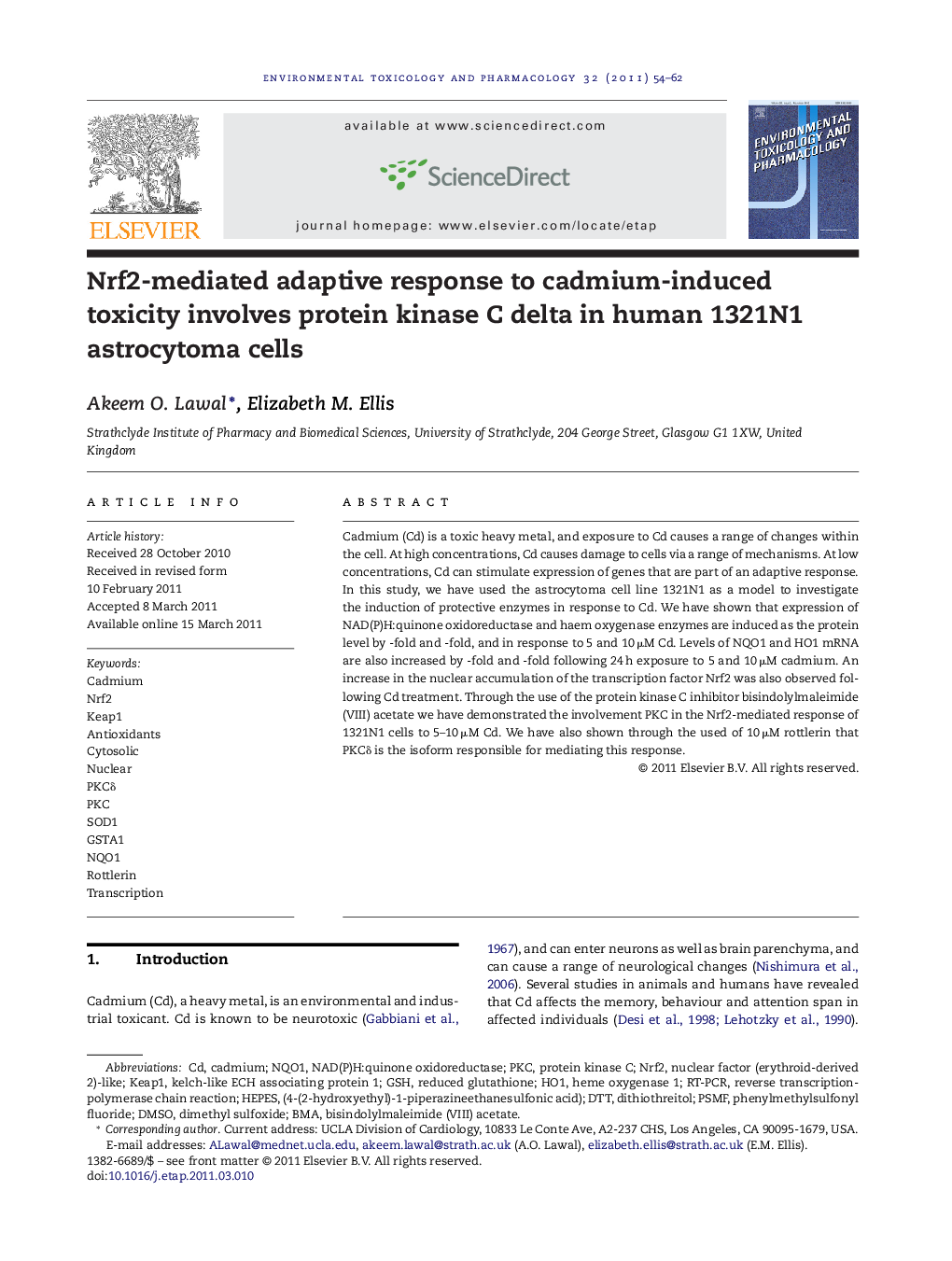 Nrf2-mediated adaptive response to cadmium-induced toxicity involves protein kinase C delta in human 1321N1 astrocytoma cells