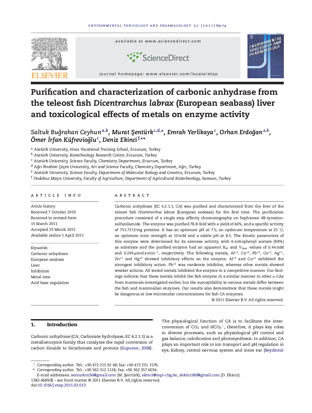 Purification and characterization of carbonic anhydrase from the teleost fish Dicentrarchus labrax (European seabass) liver and toxicological effects of metals on enzyme activity