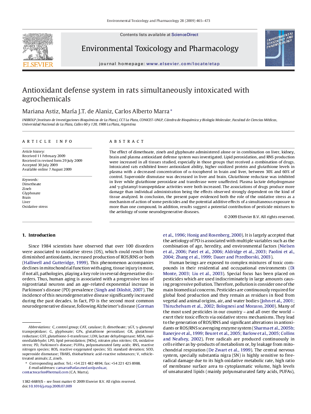 Antioxidant defense system in rats simultaneously intoxicated with agrochemicals